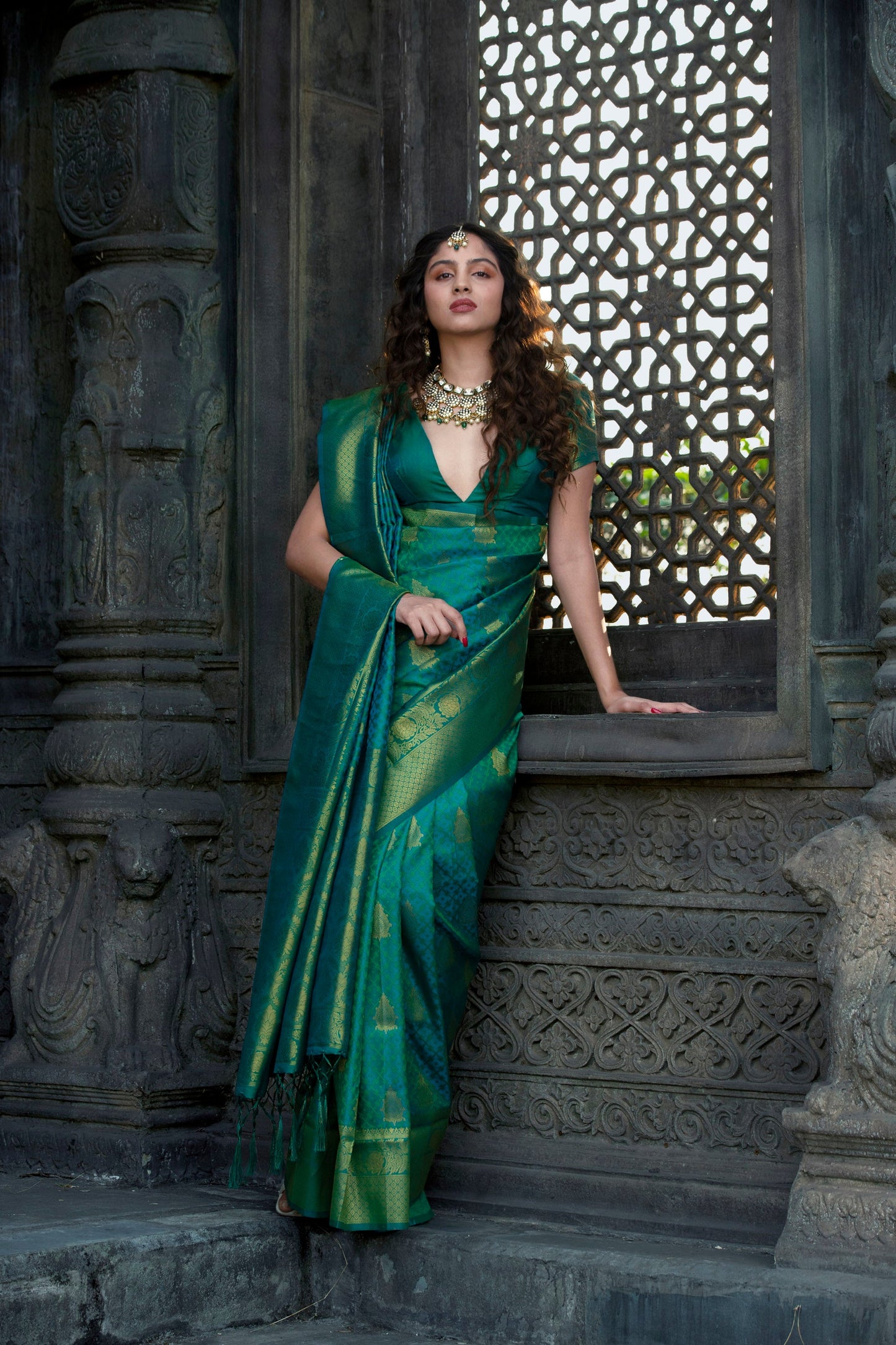 Green Banarasi Silk Saree with Golden Border