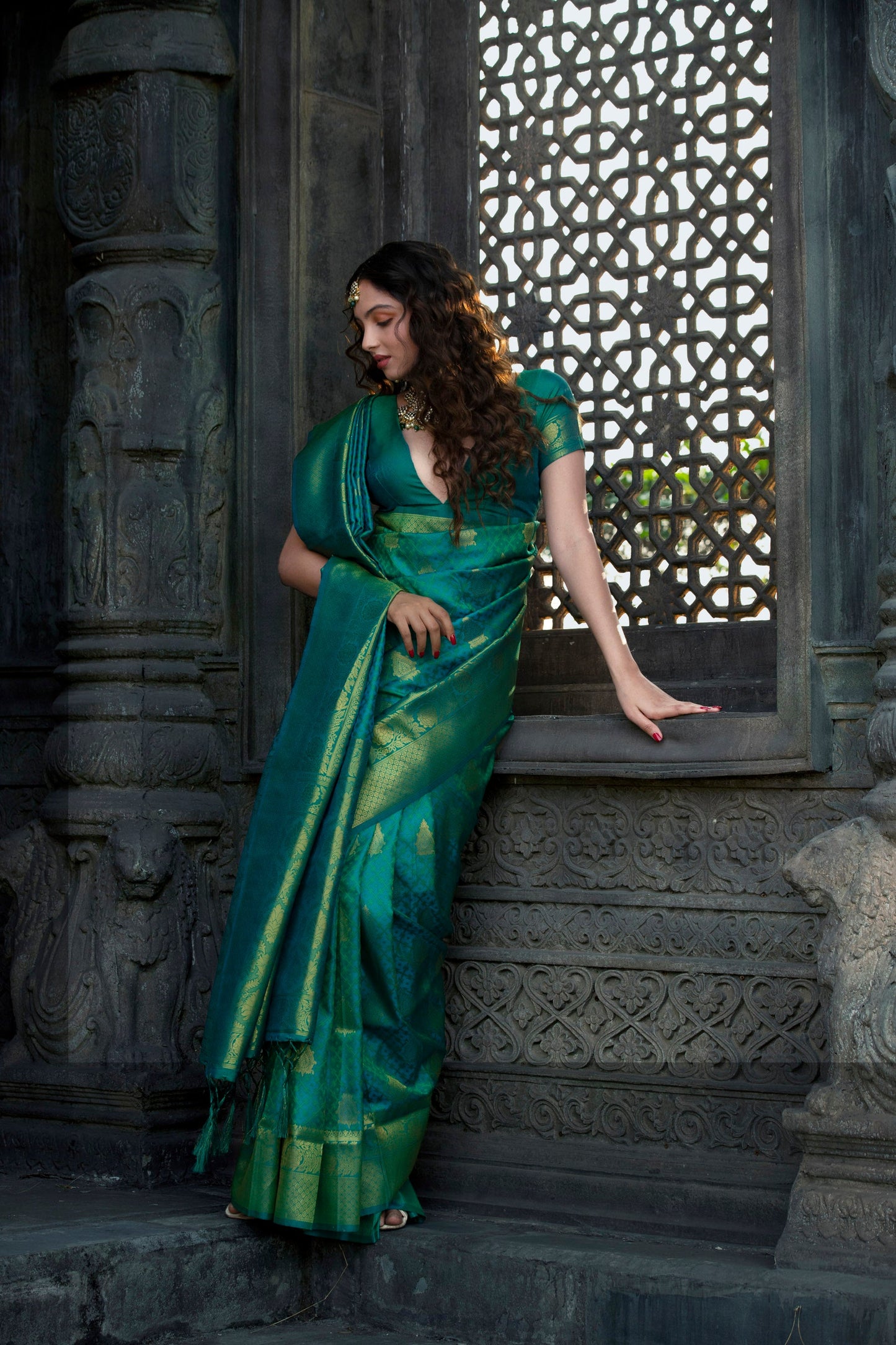 Green Banarasi Silk Saree with Golden Border