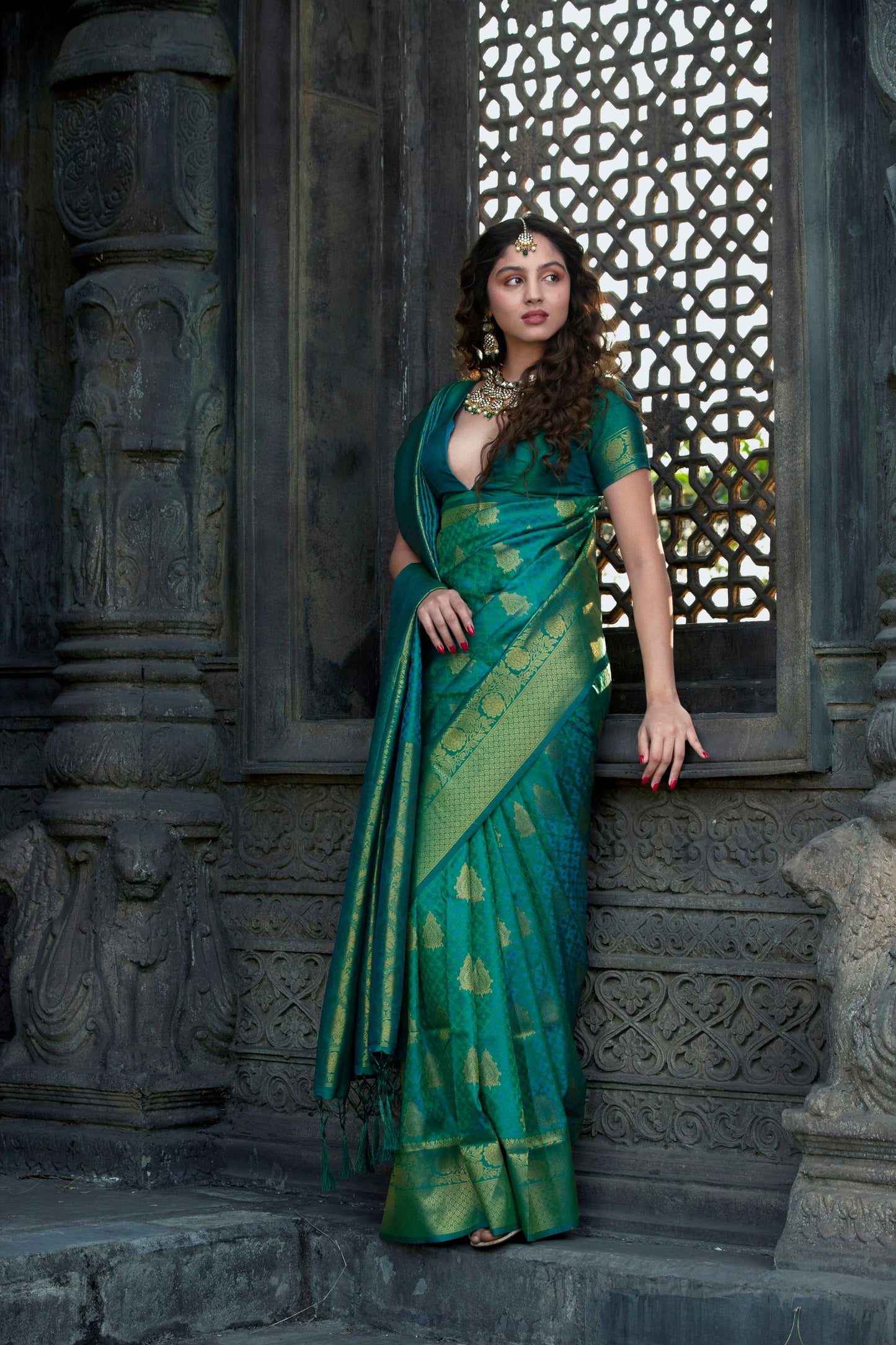 Green Banarasi Silk Saree with Golden Border