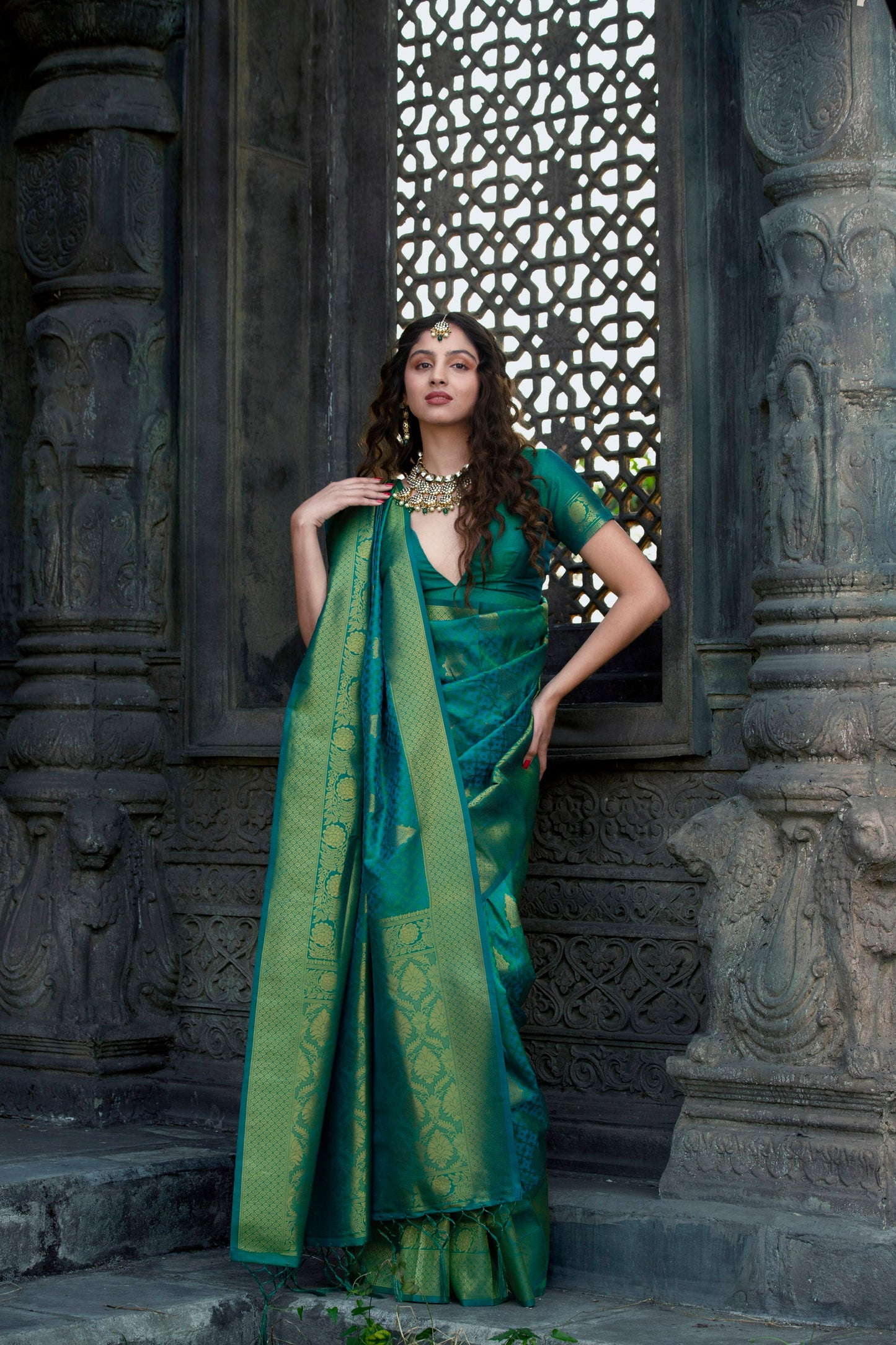 Green Banarasi Silk Saree with Golden Border