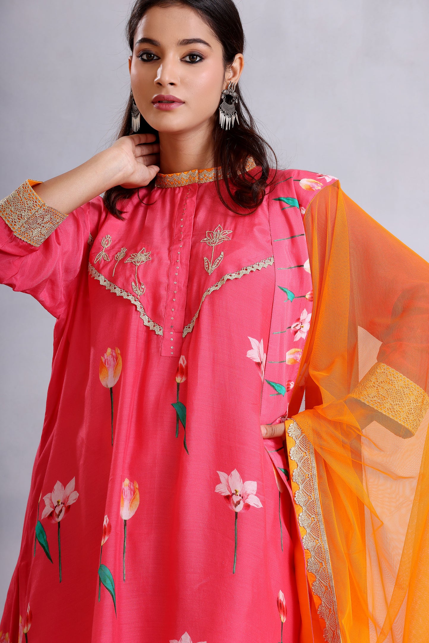 Coral Pink Embroidered gharara Cotton Silk Sunehri kurta set