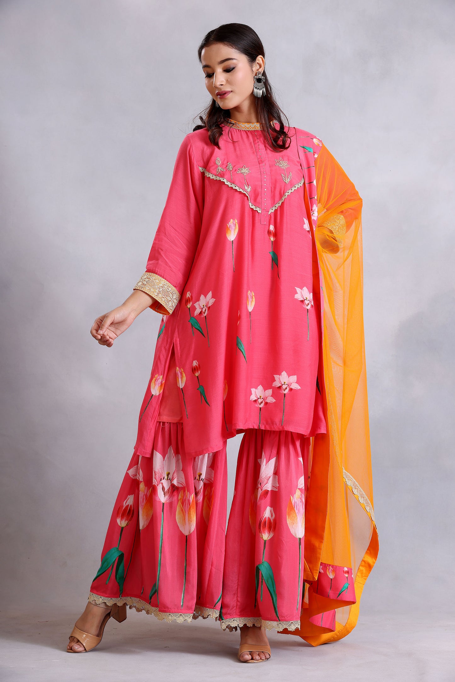 Coral Pink Embroidered gharara Cotton Silk Sunehri kurta set