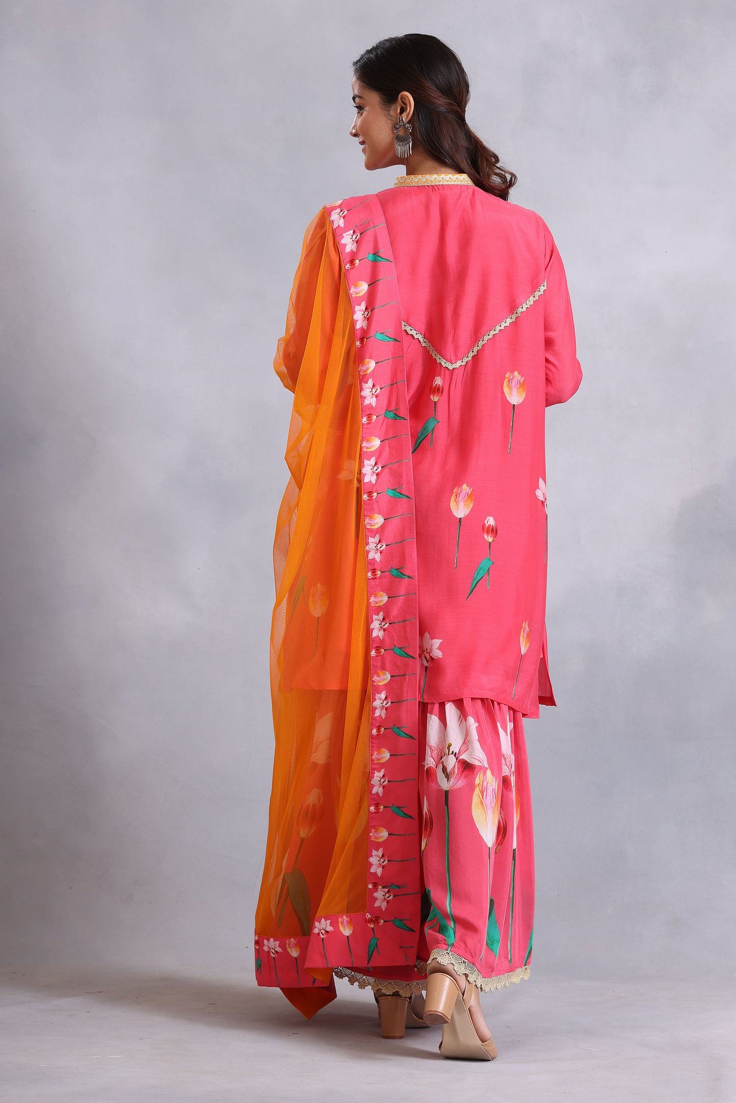 Coral Pink Embroidered gharara Cotton Silk Sunehri kurta set