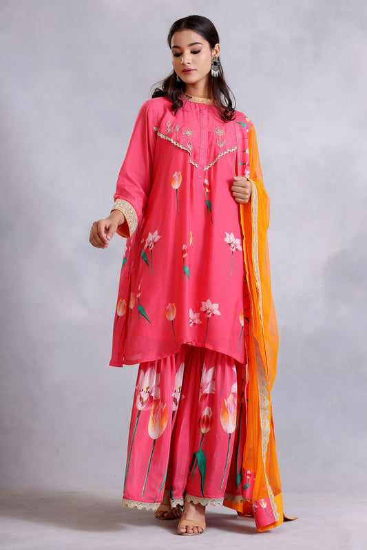 Coral Pink Embroidered gharara Cotton Silk Sunehri kurta set