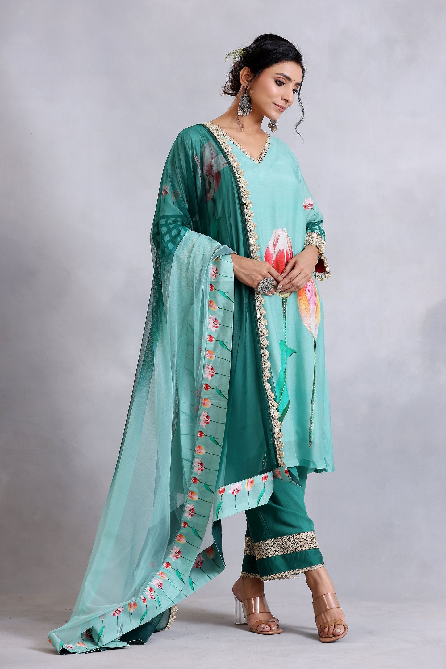 Sea Green two dupatta Cotton Silk Sunehri kurta set