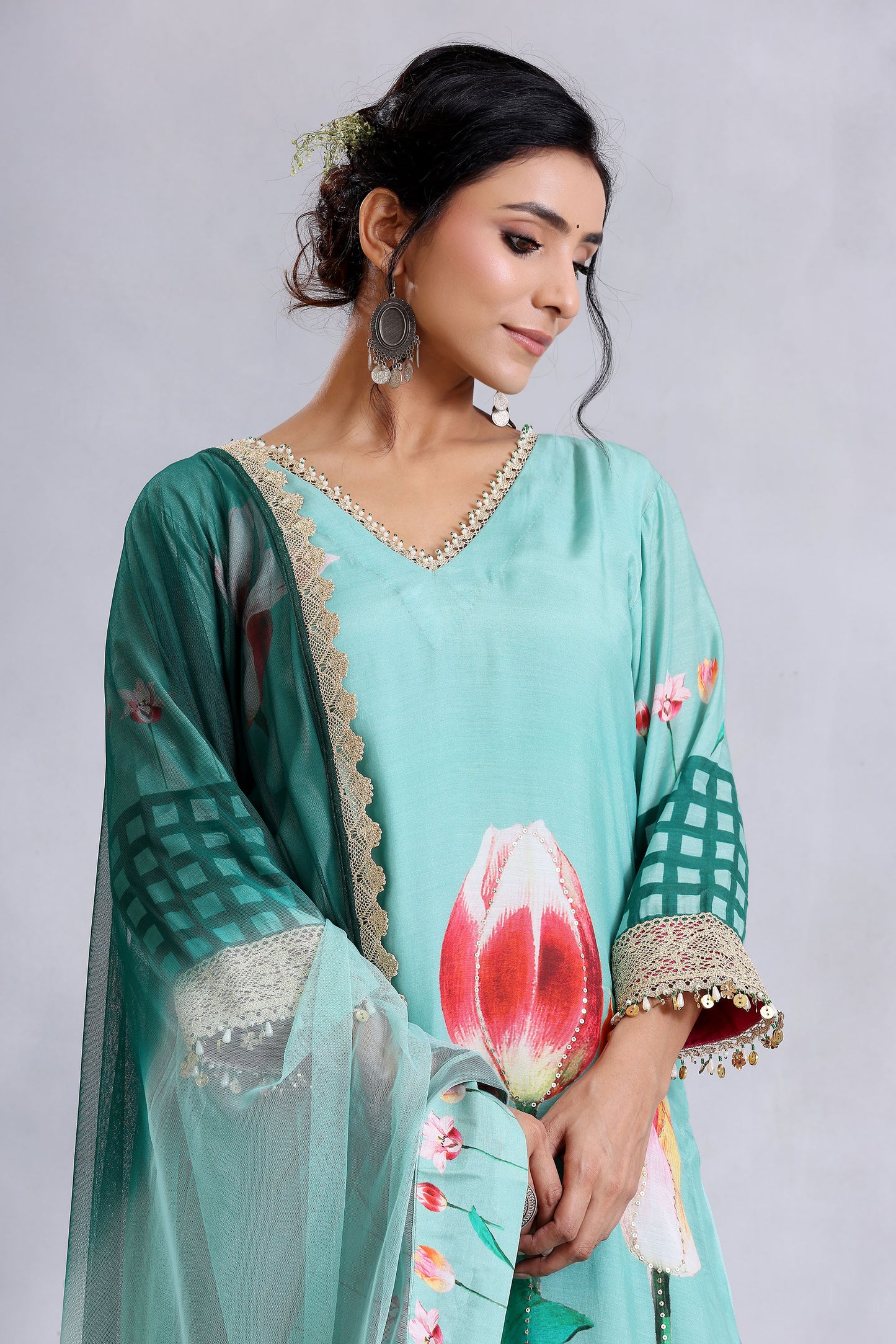 Sea Green two dupatta Cotton Silk Sunehri kurta set