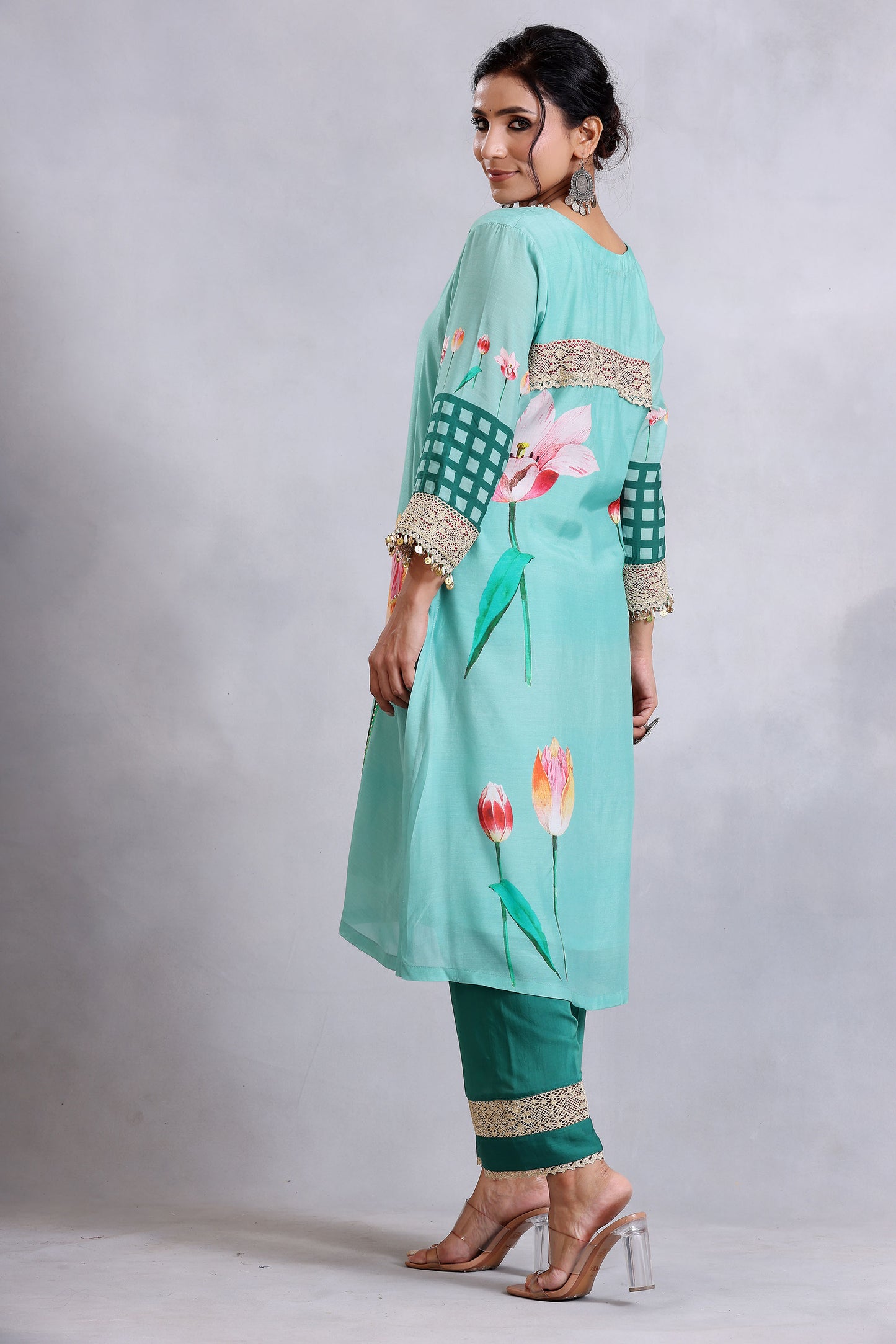 Sea Green two dupatta Cotton Silk Sunehri kurta set