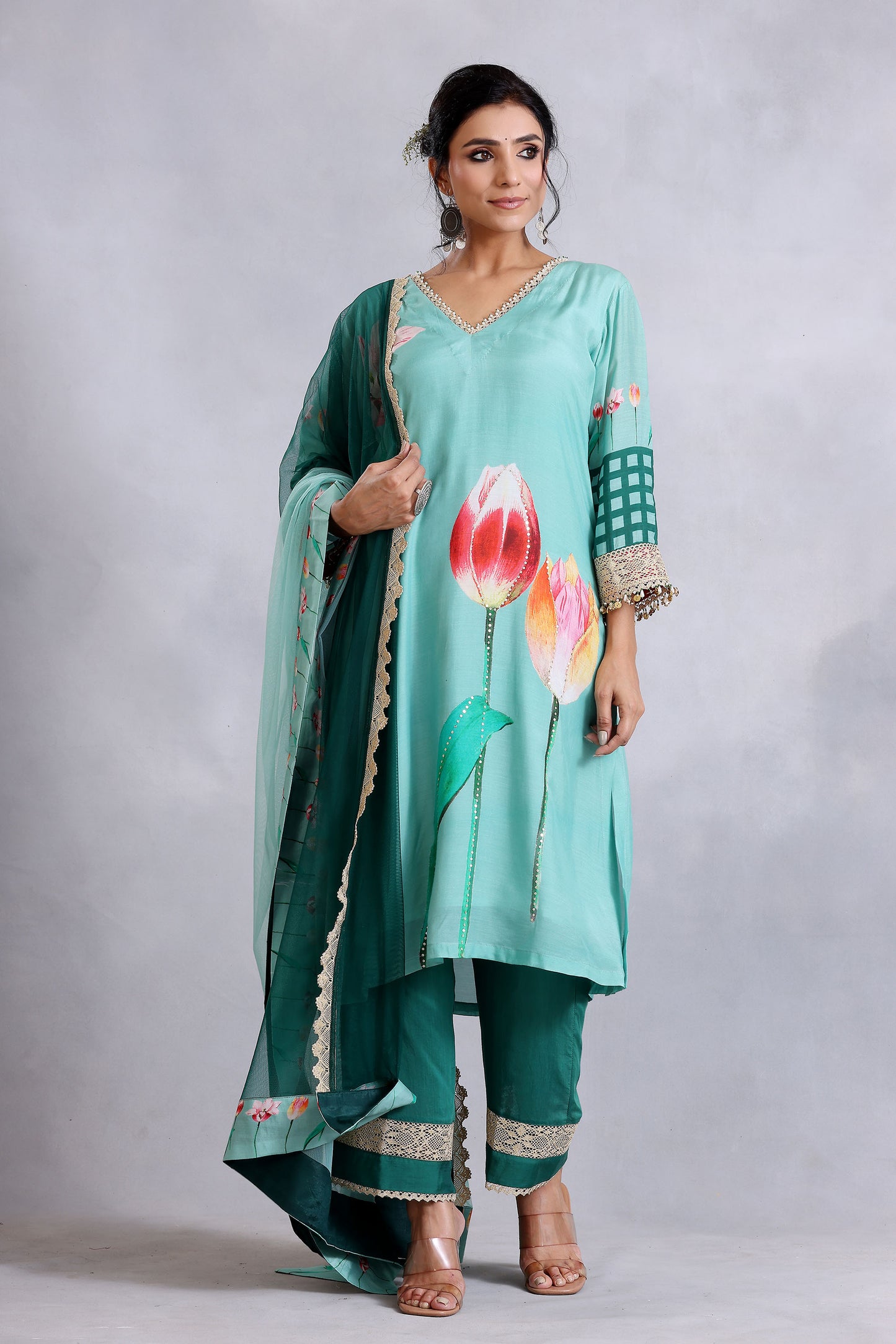 Sea Green two dupatta Cotton Silk Sunehri kurta set