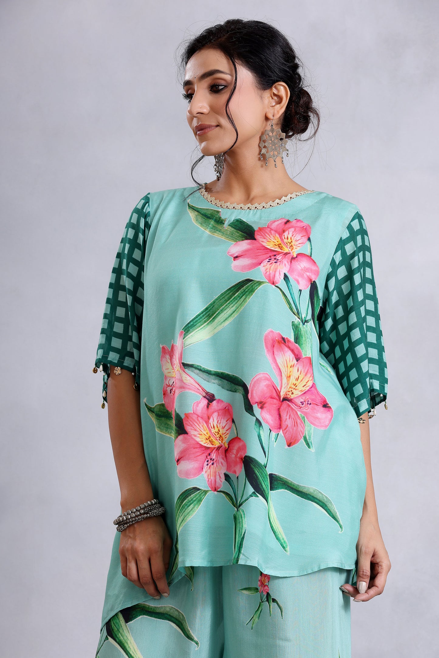 Asymmetric Sea Green Cotton Silk Sunehri kurta set