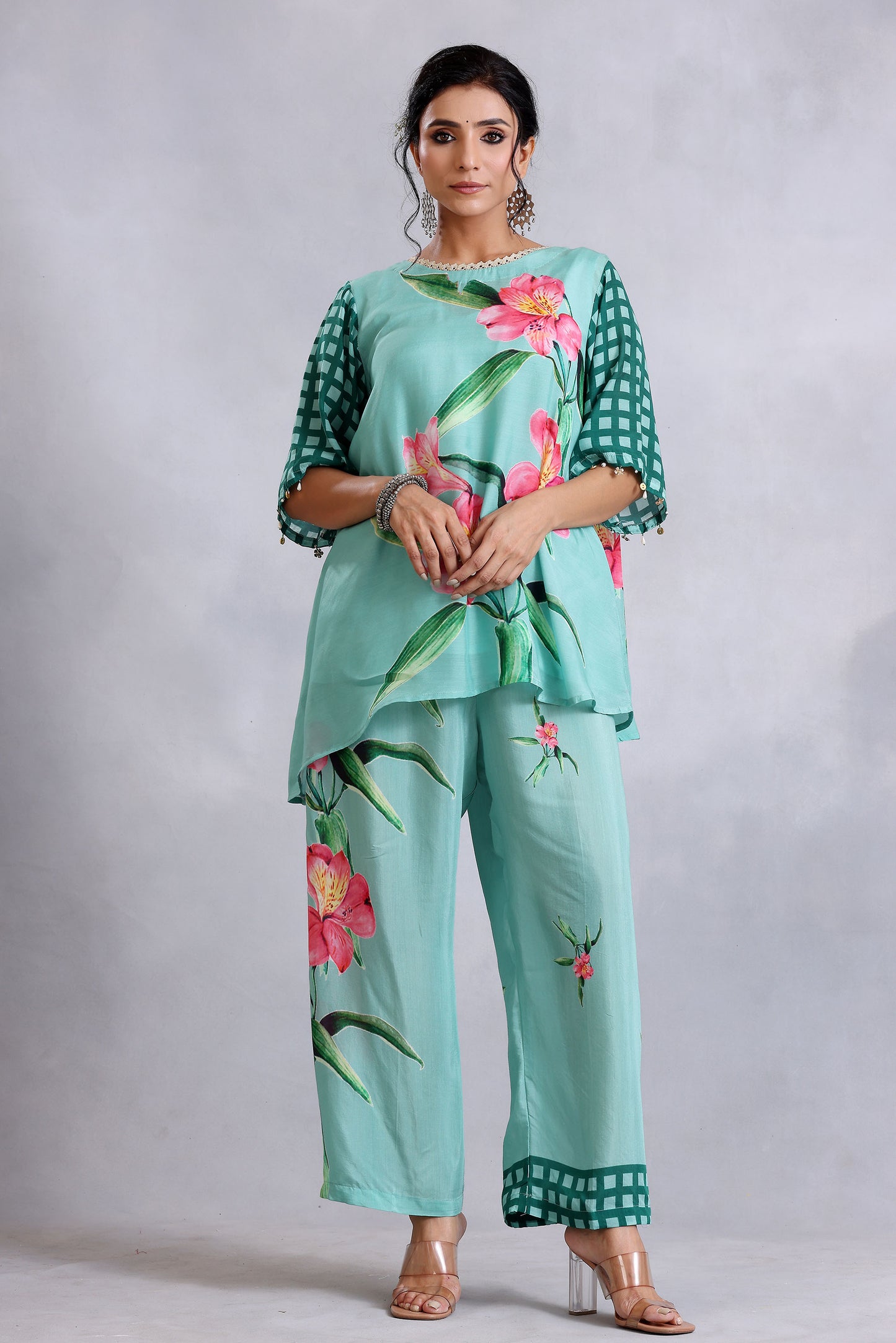 Asymmetric Sea Green Cotton Silk Sunehri kurta set