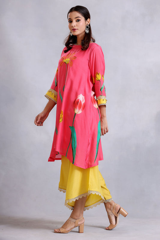 Coral Pink Print Cotton Silk Sunehri kurta set