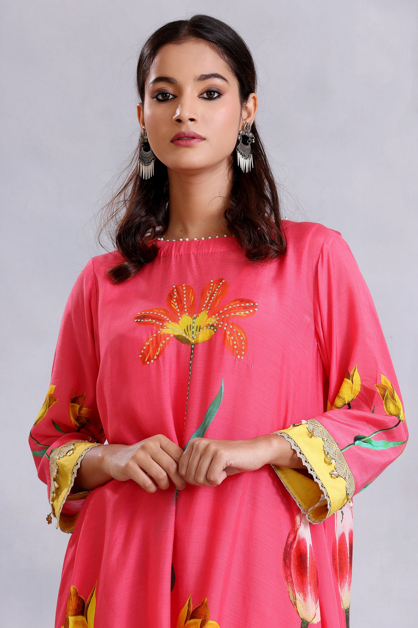 Coral Pink Print Cotton Silk Sunehri kurta set