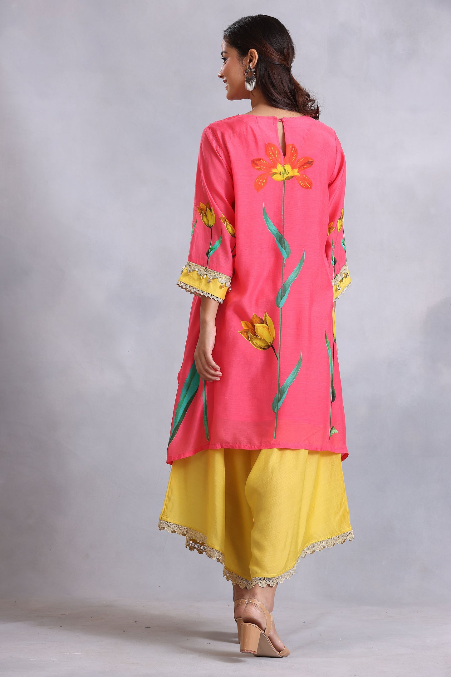 Coral Pink Print Cotton Silk Sunehri kurta set