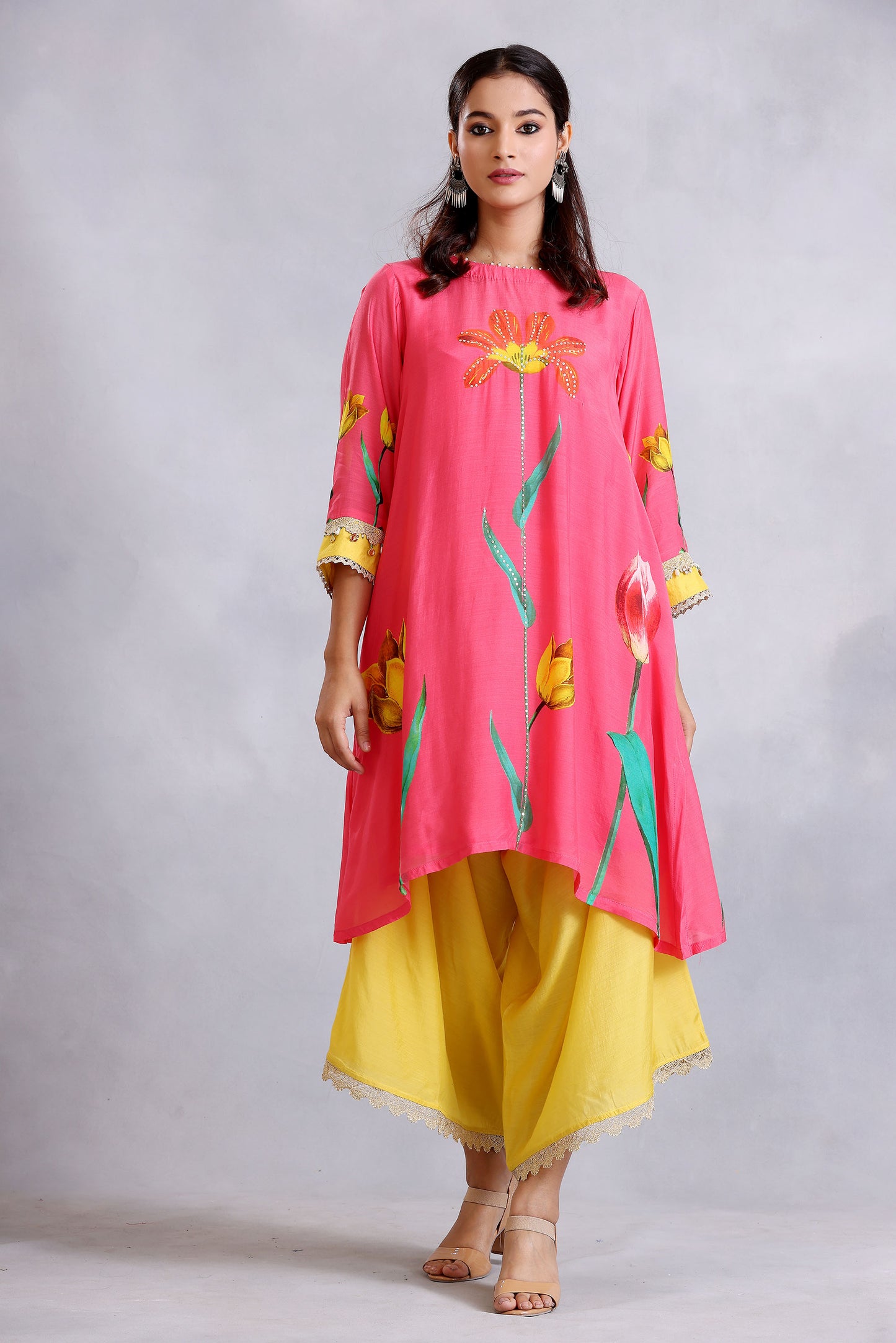 Coral Pink Print Cotton Silk Sunehri kurta set