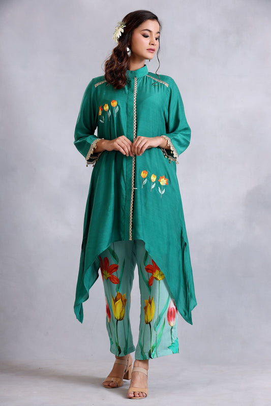 Asymmetryic Emerald Green Cotton Silk Sunehri kurta set