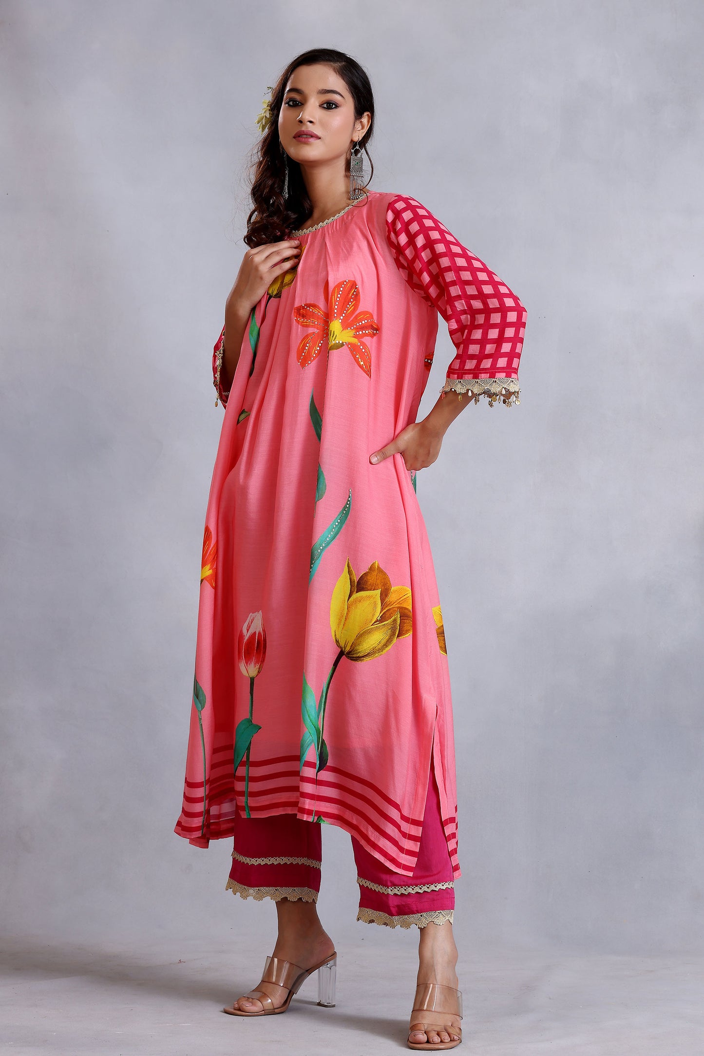 Peach Pleated Cotton Silk Sunehri kurta set