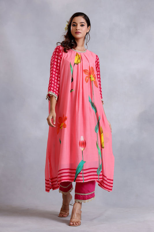 Peach Pleated Cotton Silk Sunehri kurta set