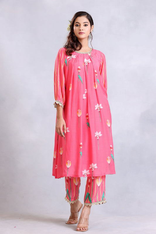 Coral Pink Cotton Silk Sunehri kurta set