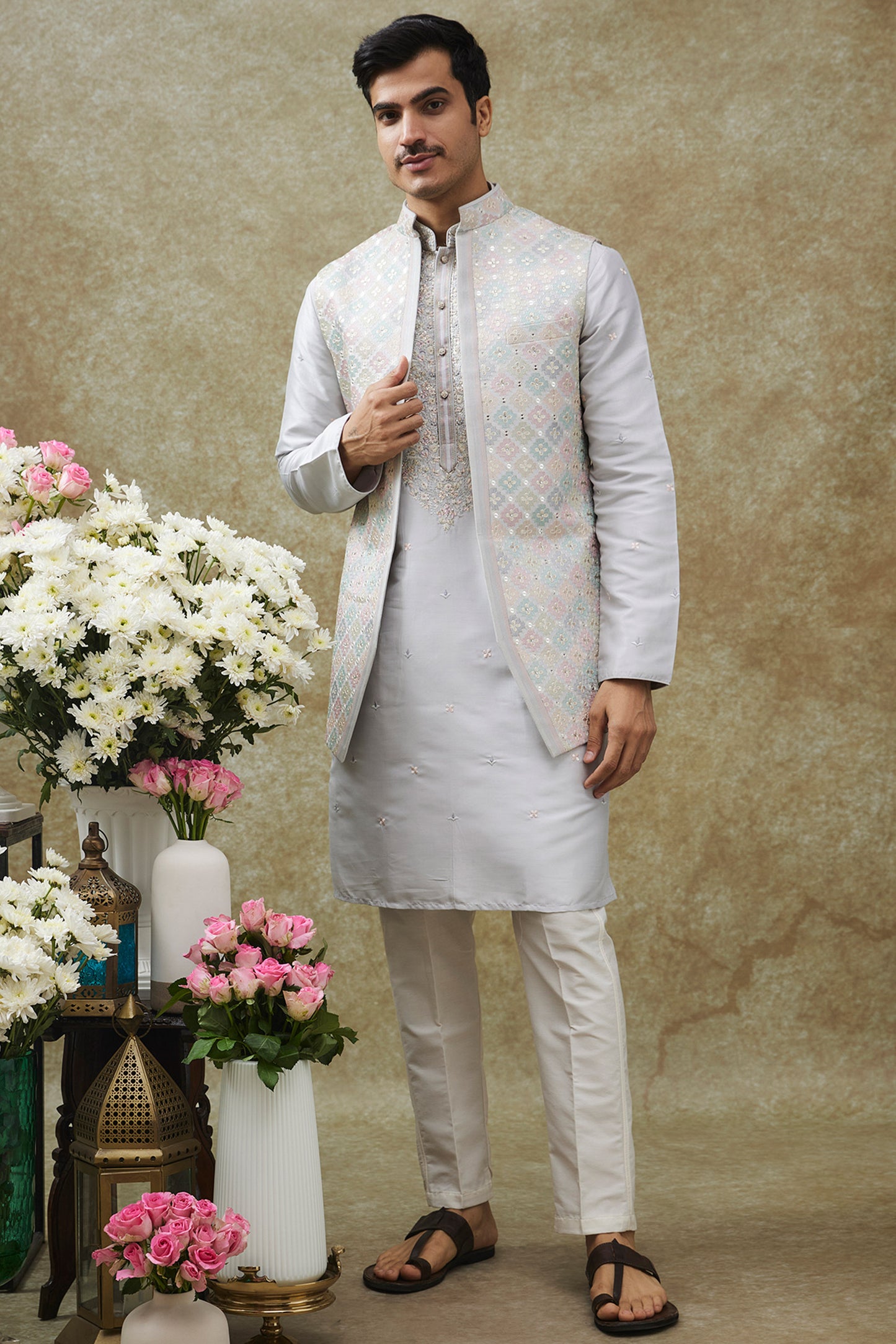 White Splendid Silk Jacket Kurta Set