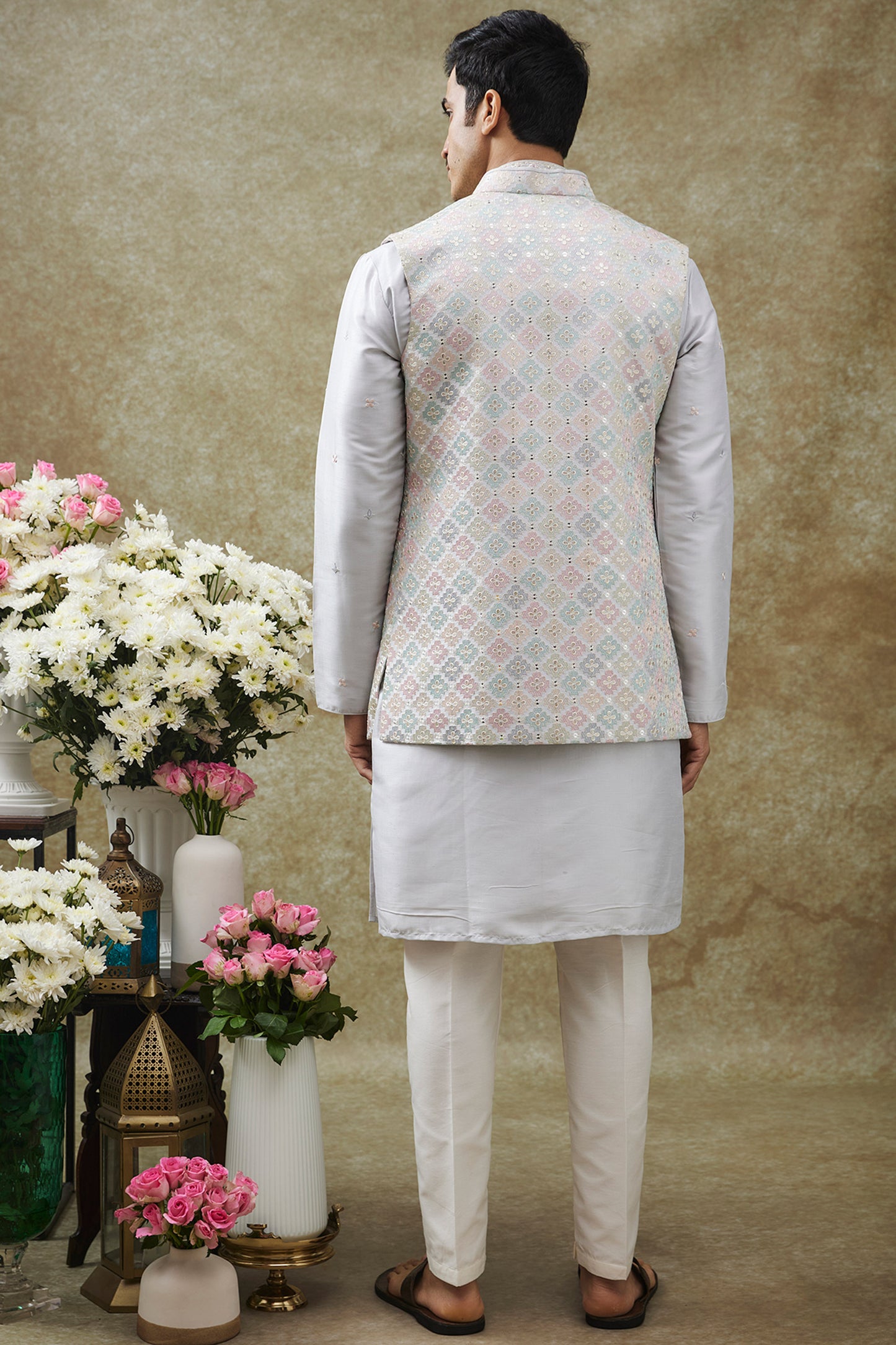 White Splendid Silk Jacket Kurta Set