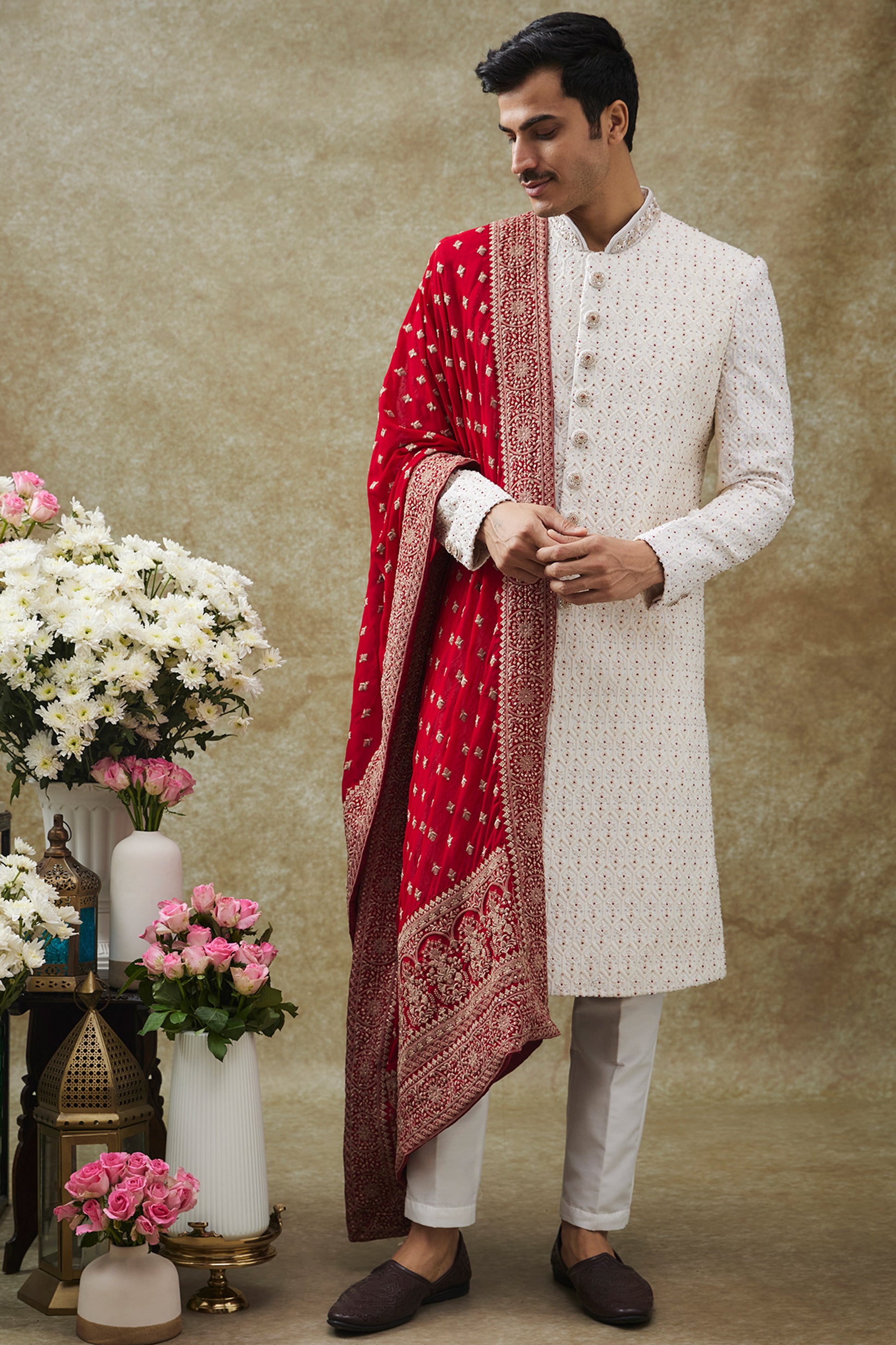 White Color Lucknowi Sherwani Set