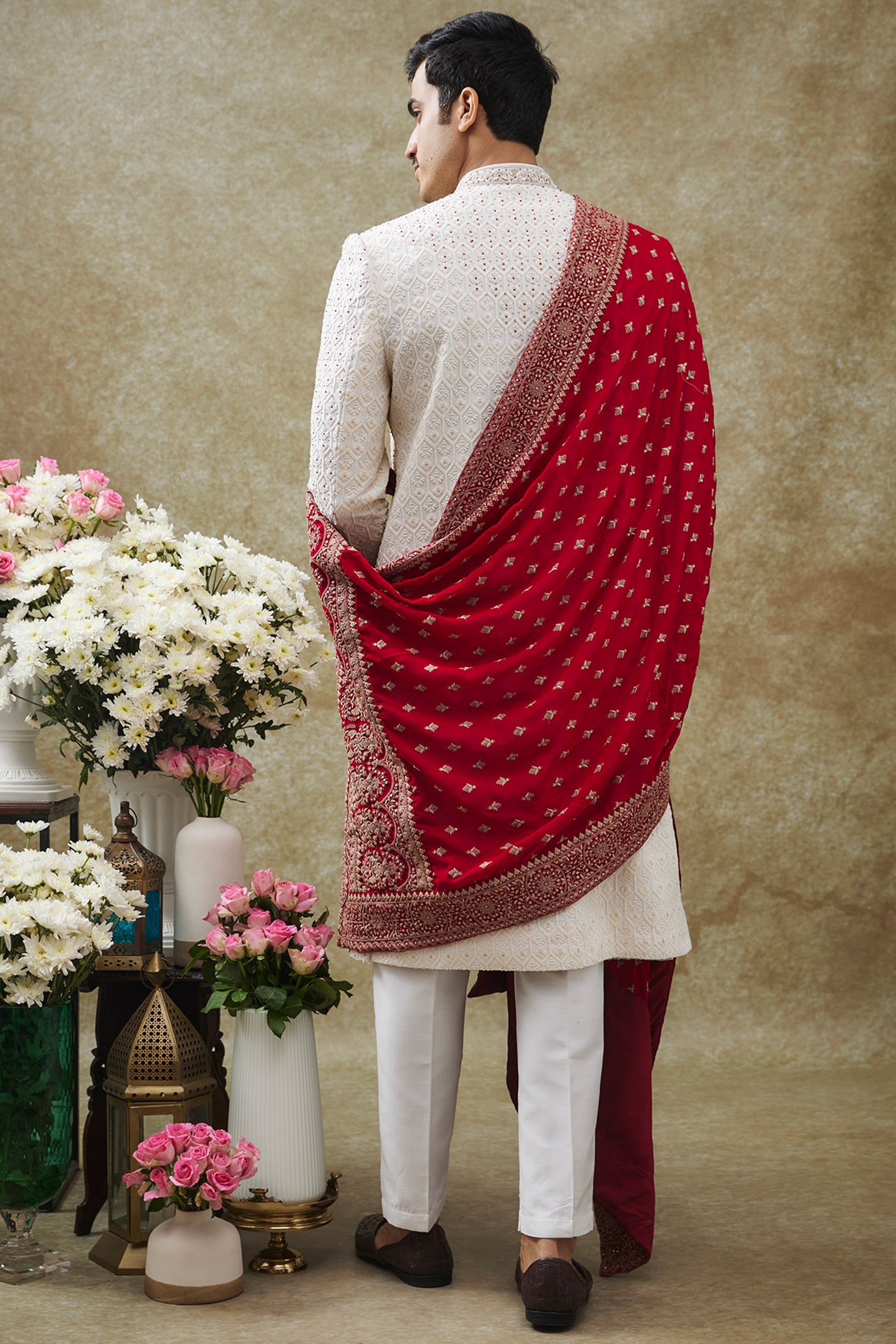 White Color Lucknowi Sherwani Set