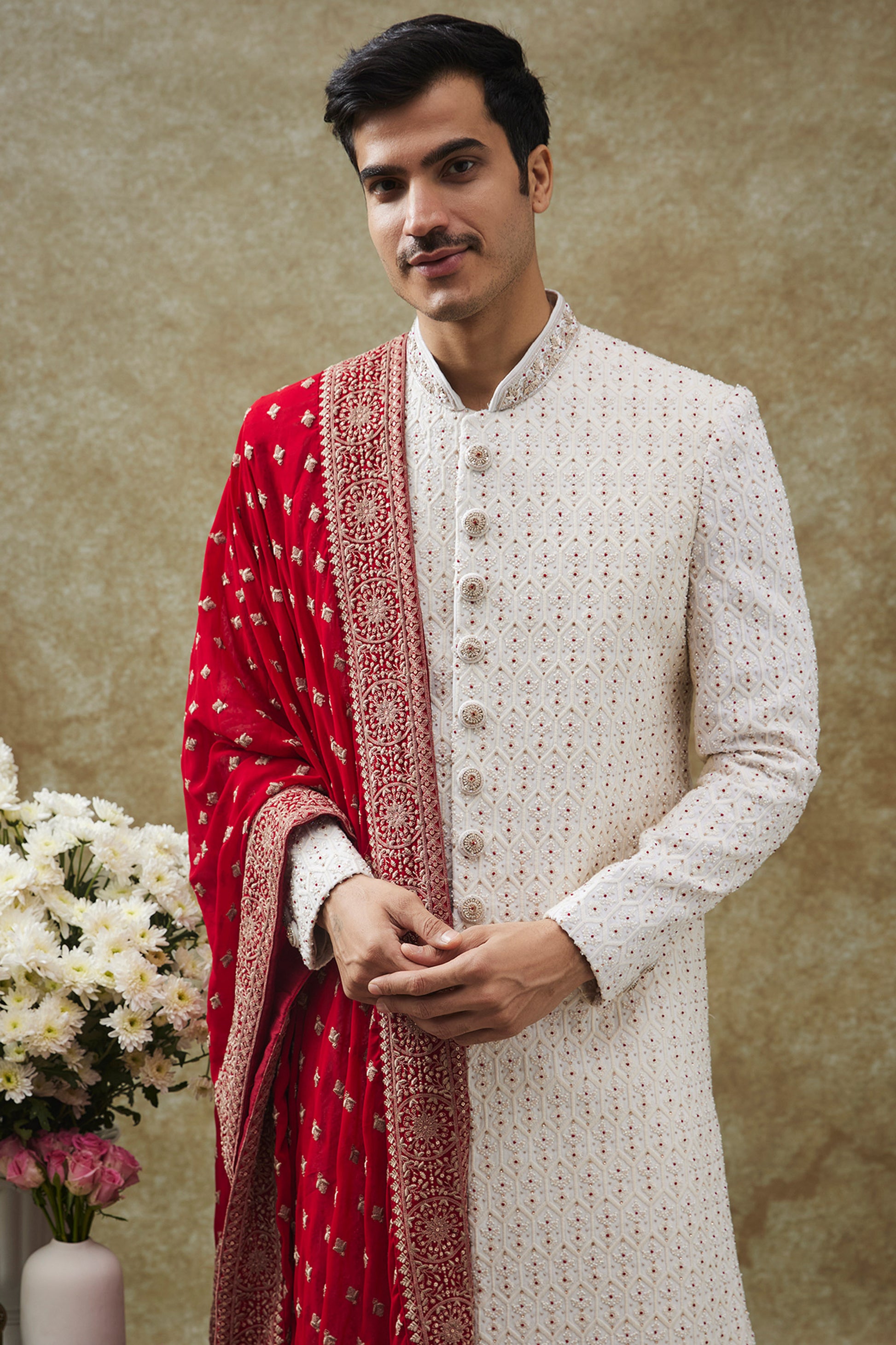 White Color Lucknowi Sherwani Set