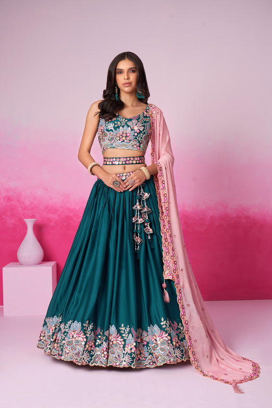 Teal Satin Silk Sequin embroidery Lehenga choli