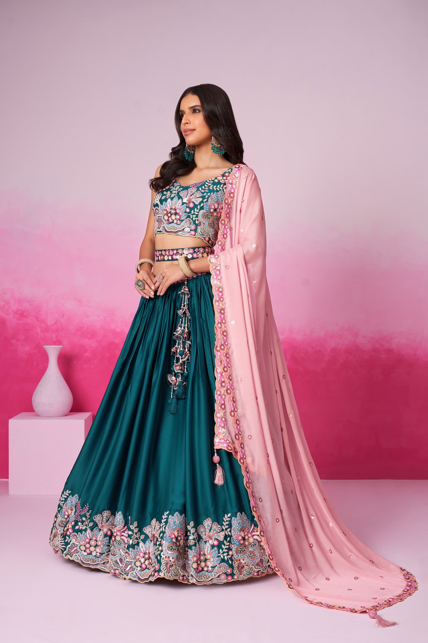 Teal Satin Silk Sequin embroidery Lehenga choli