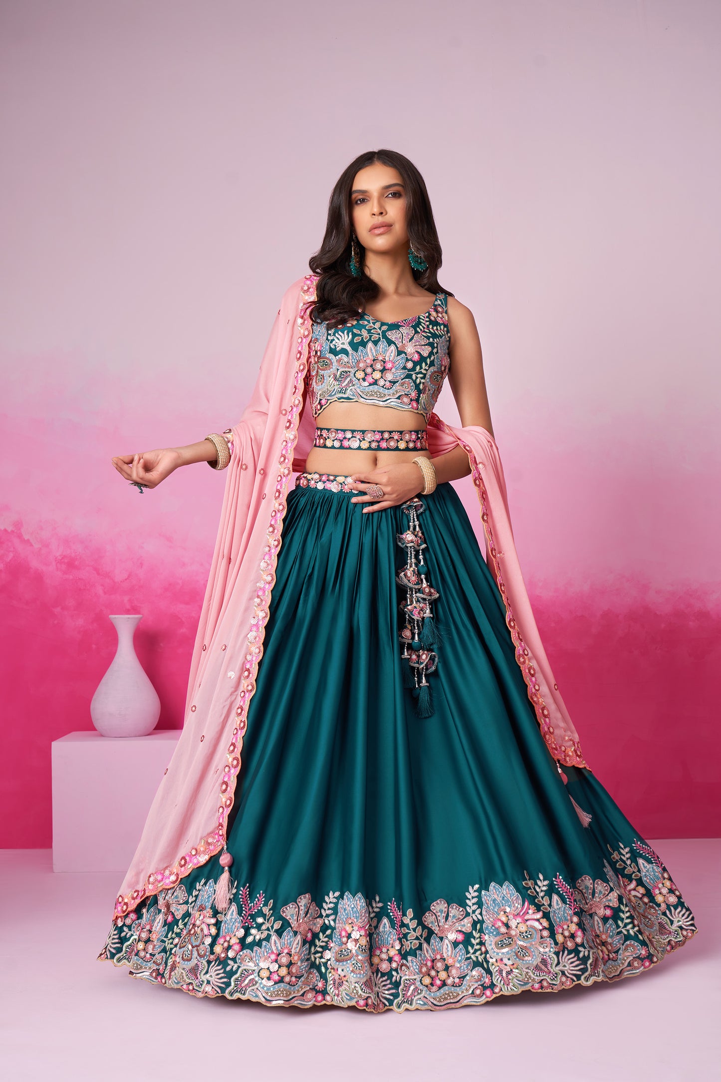 Teal Satin Silk Sequin embroidery Lehenga choli