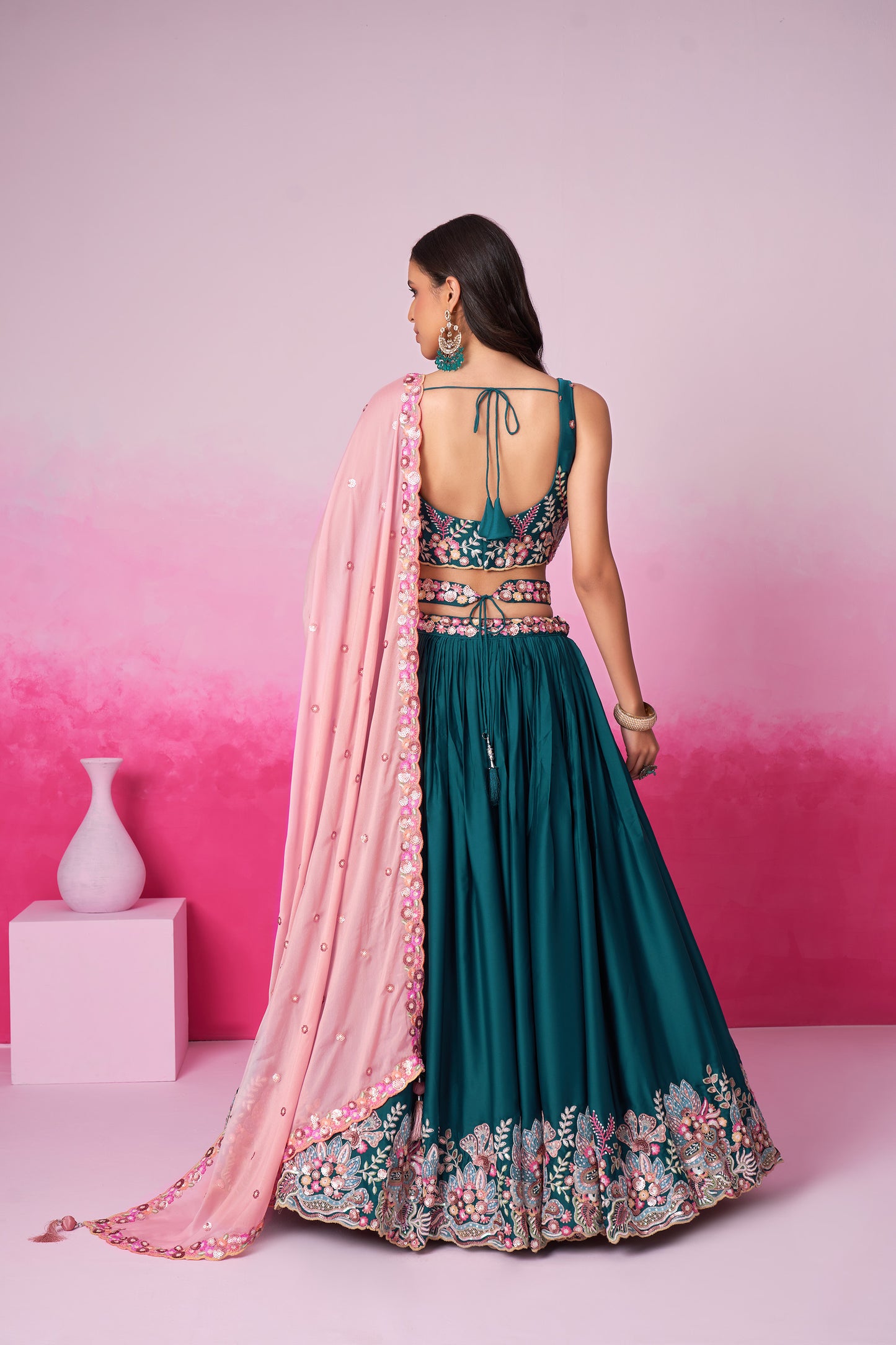 Teal Satin Silk Sequin embroidery Lehenga choli