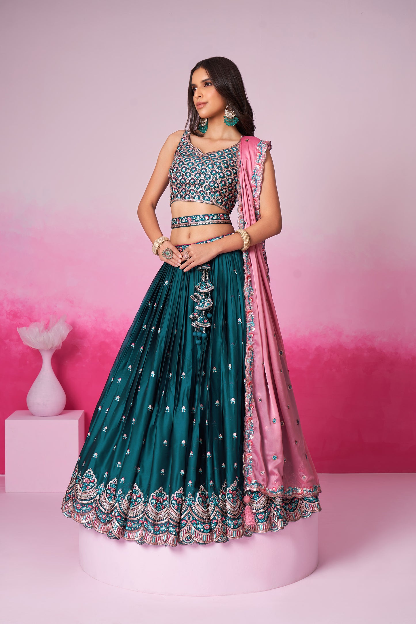 Teal Pure Georgette Sequin embroidery Lehenga choli & Dupatta