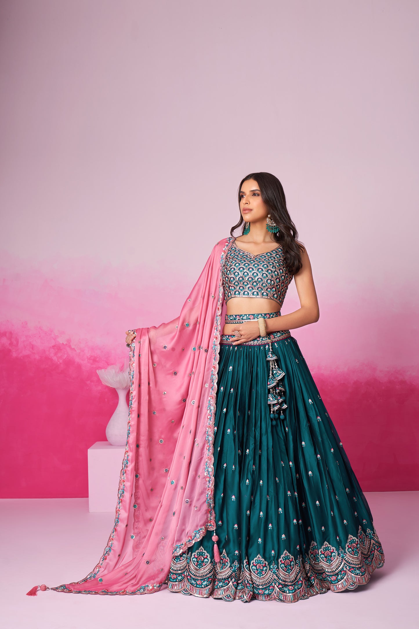 Teal Pure Georgette Sequin embroidery Lehenga choli & Dupatta