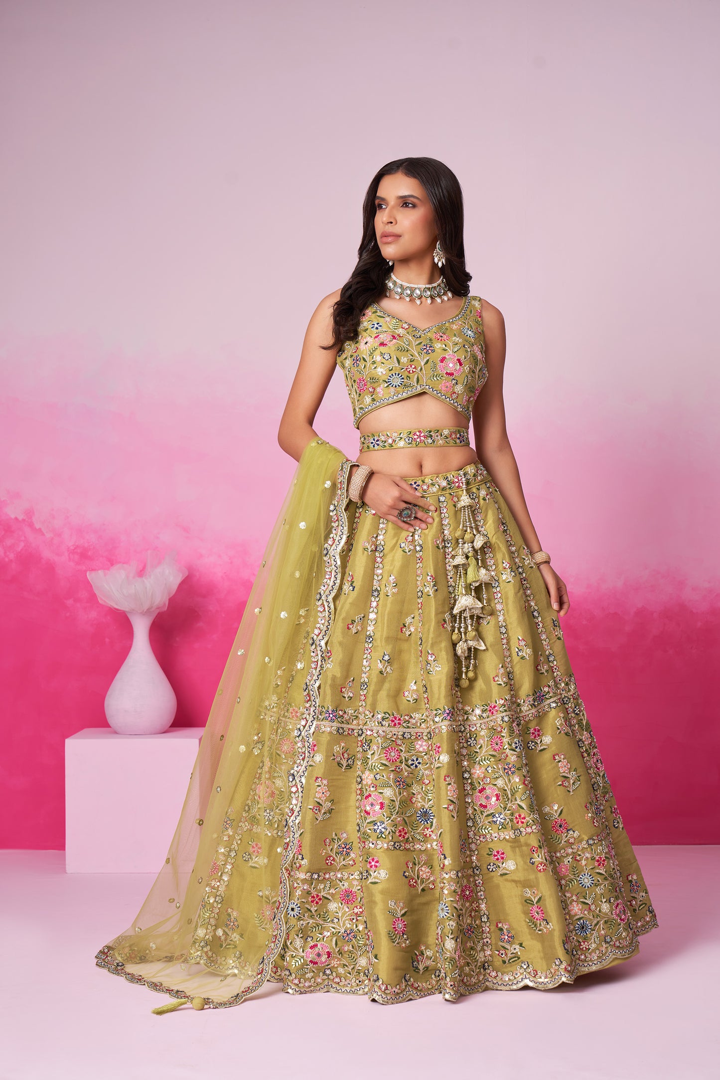 Mustard Bridal Net Moti, Sequins embroidery Bridal Lehenga choli & Dupatta