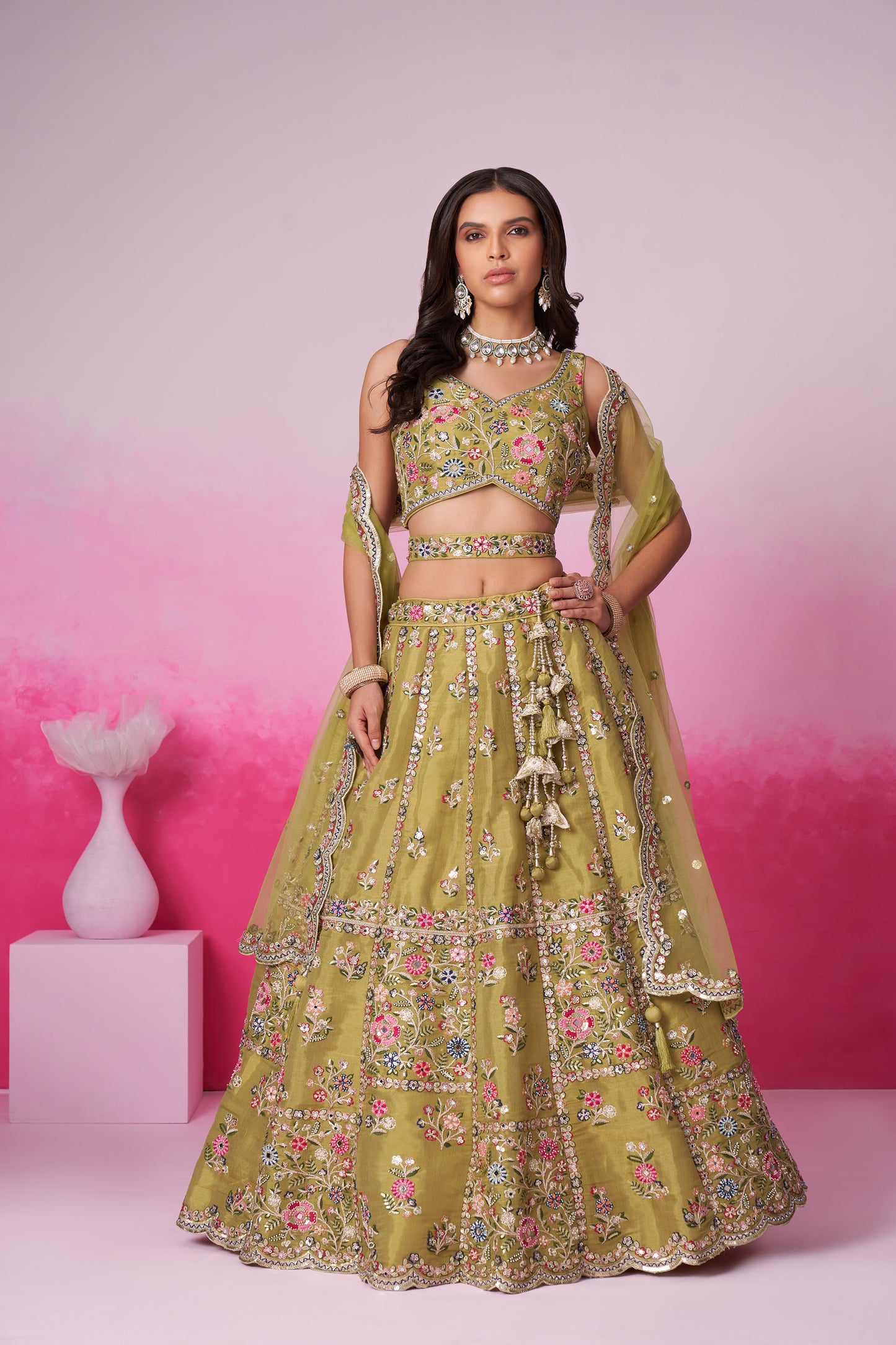 Mustard Bridal Net Moti, Sequins embroidery Bridal Lehenga choli & Dupatta