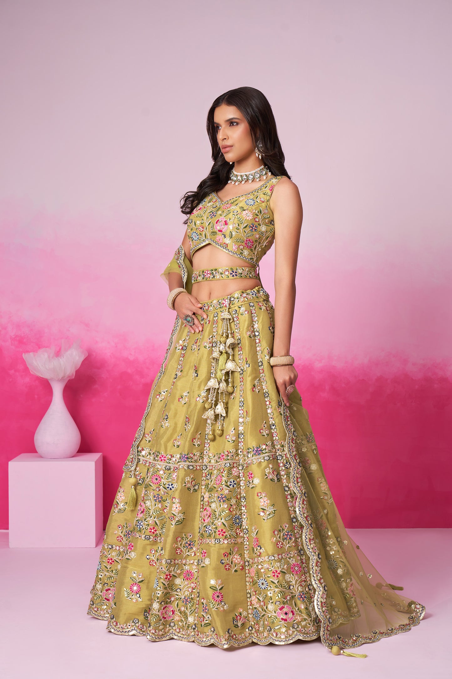 Mustard Bridal Net Moti, Sequins embroidery Bridal Lehenga choli & Dupatta