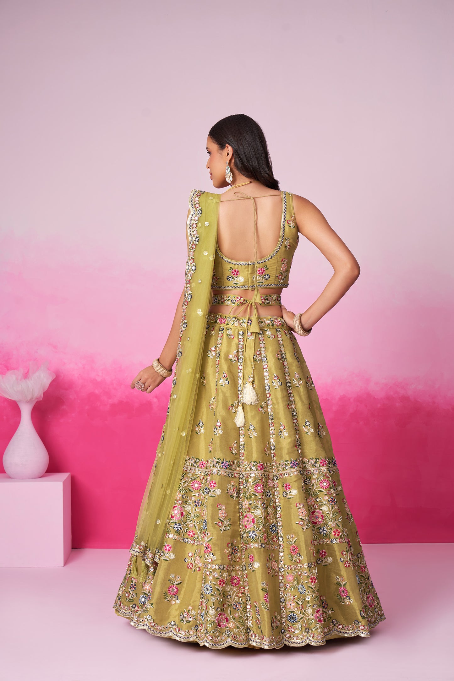 Mustard Bridal Net Moti, Sequins embroidery Bridal Lehenga choli & Dupatta