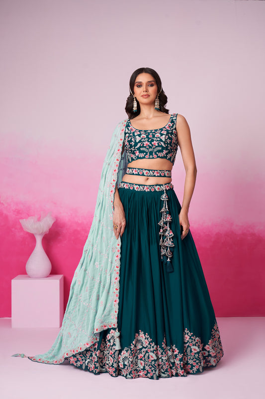 Teal Pure Georgette Sequin embroidery Lehenga choli