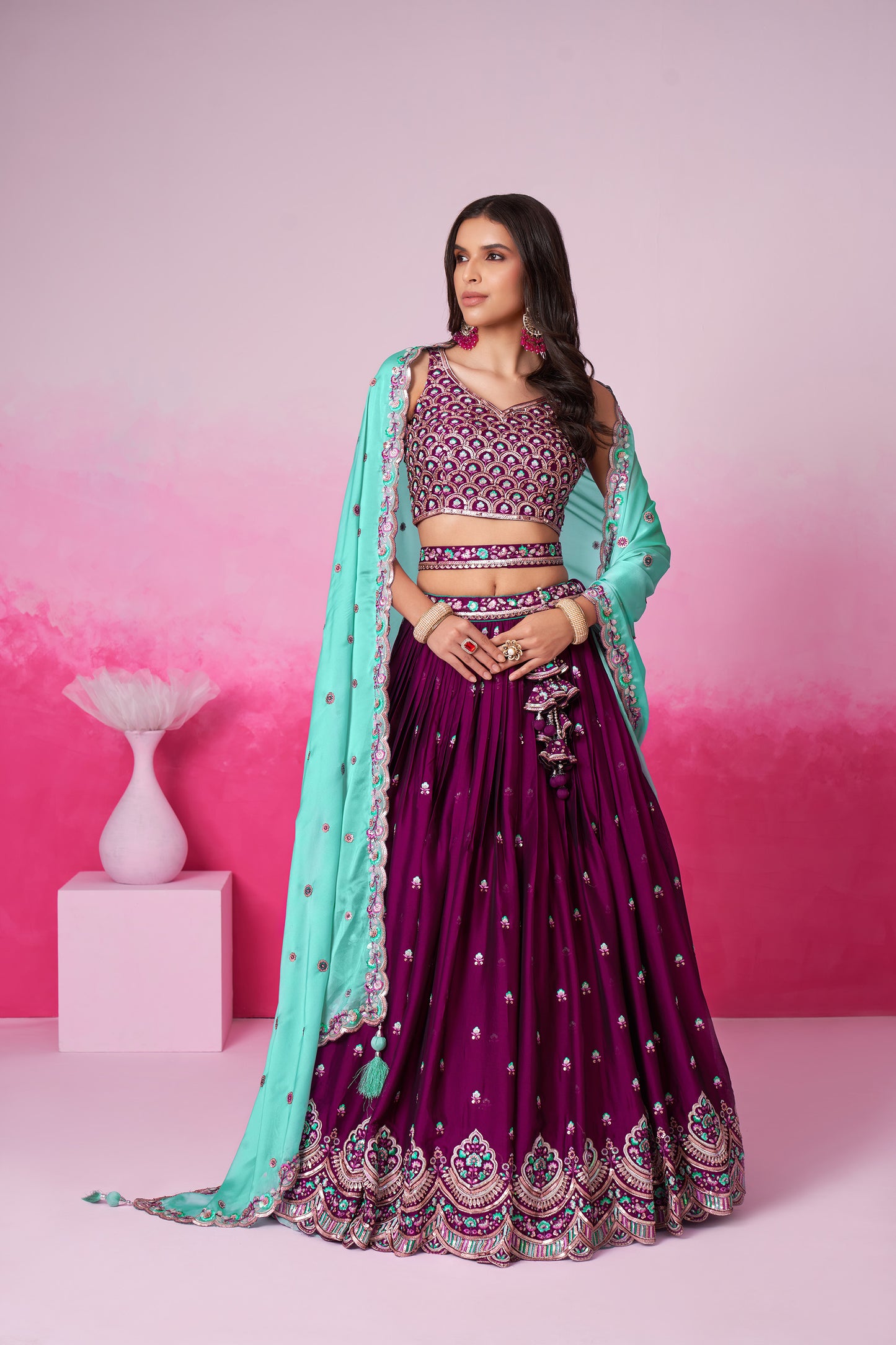 Burgundy Pure Georgette Sequin embroidery Lehenga choli & Dupatta