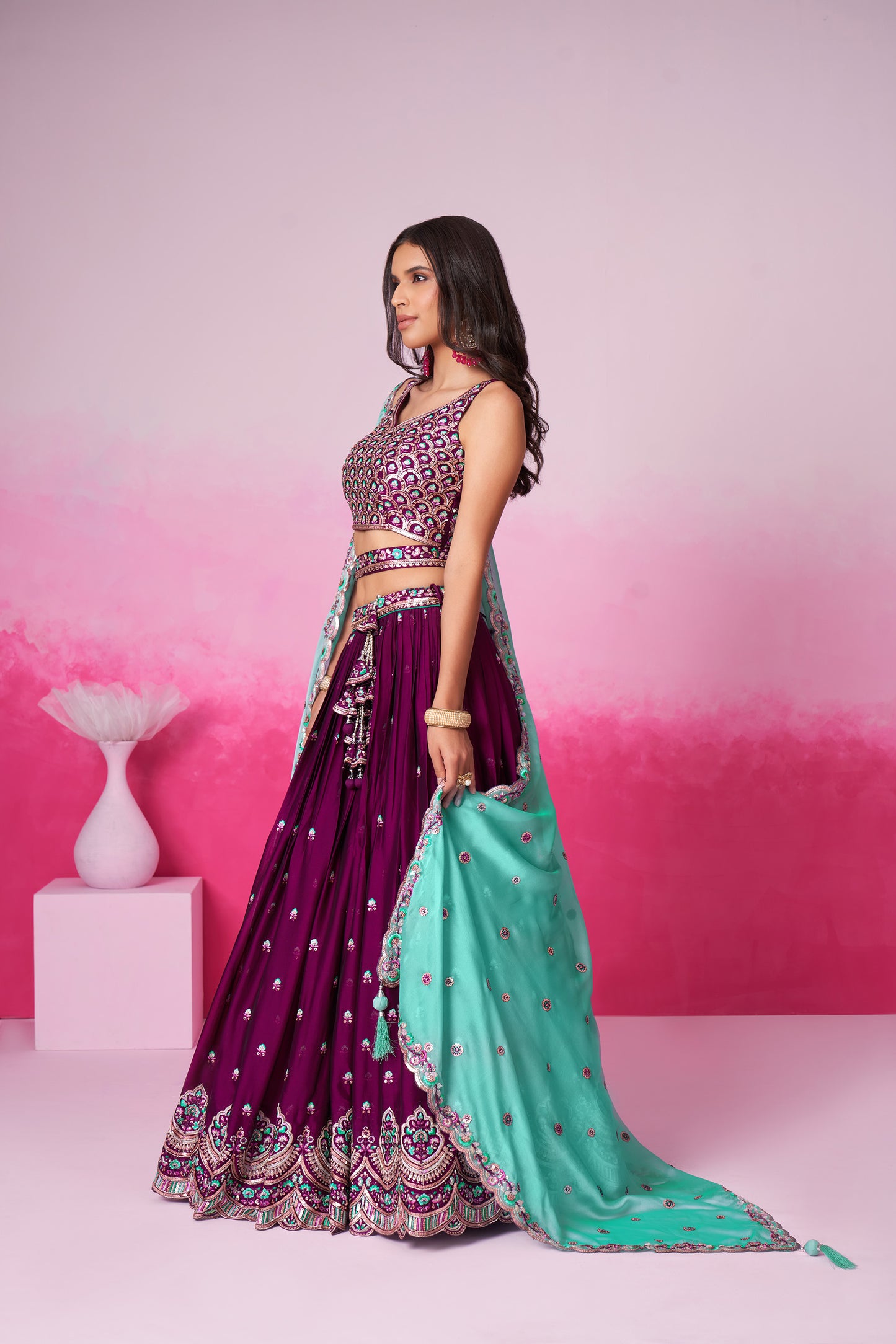 Burgundy Pure Georgette Sequin embroidery Lehenga choli & Dupatta