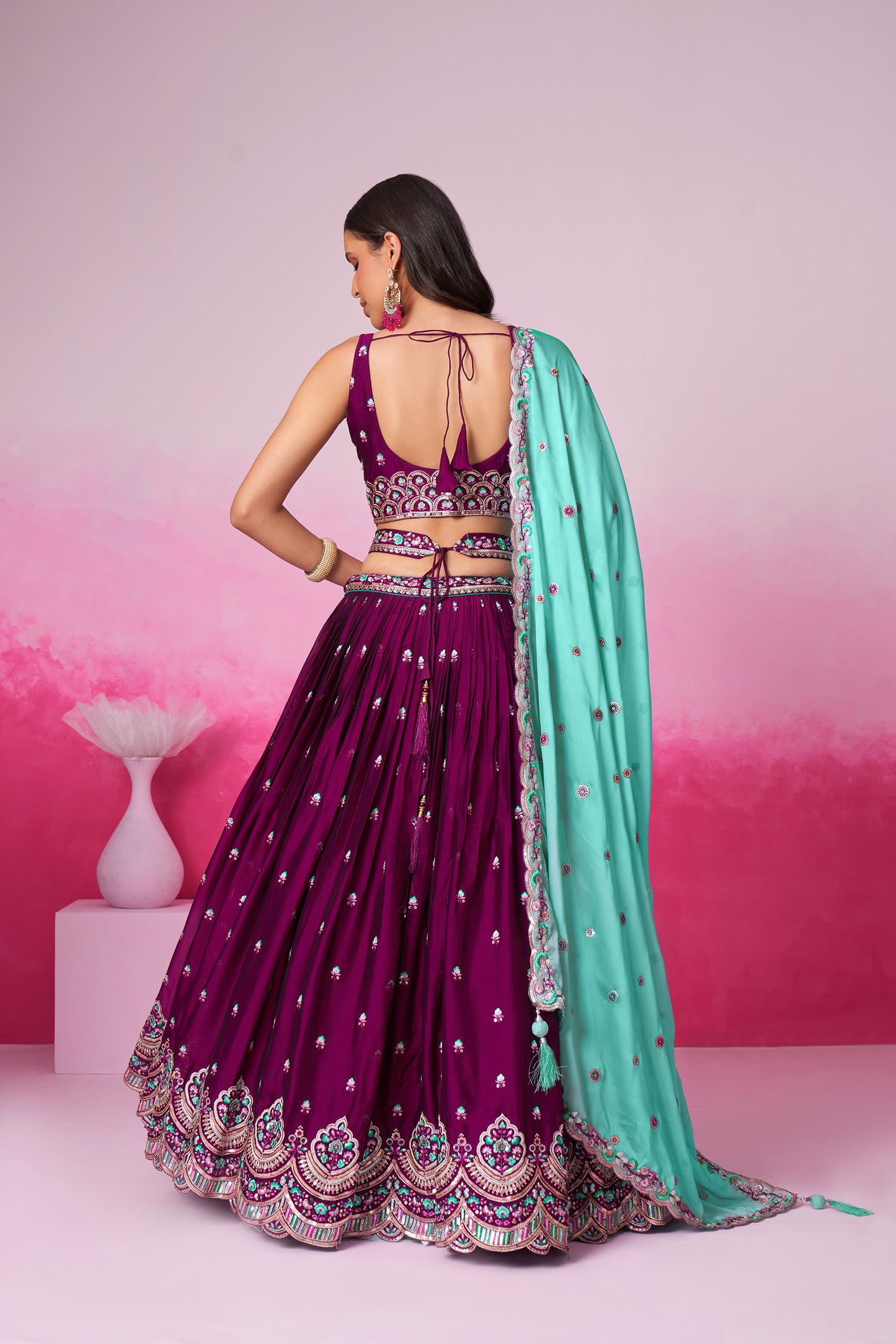 Burgundy Pure Georgette Sequin embroidery Lehenga choli & Dupatta