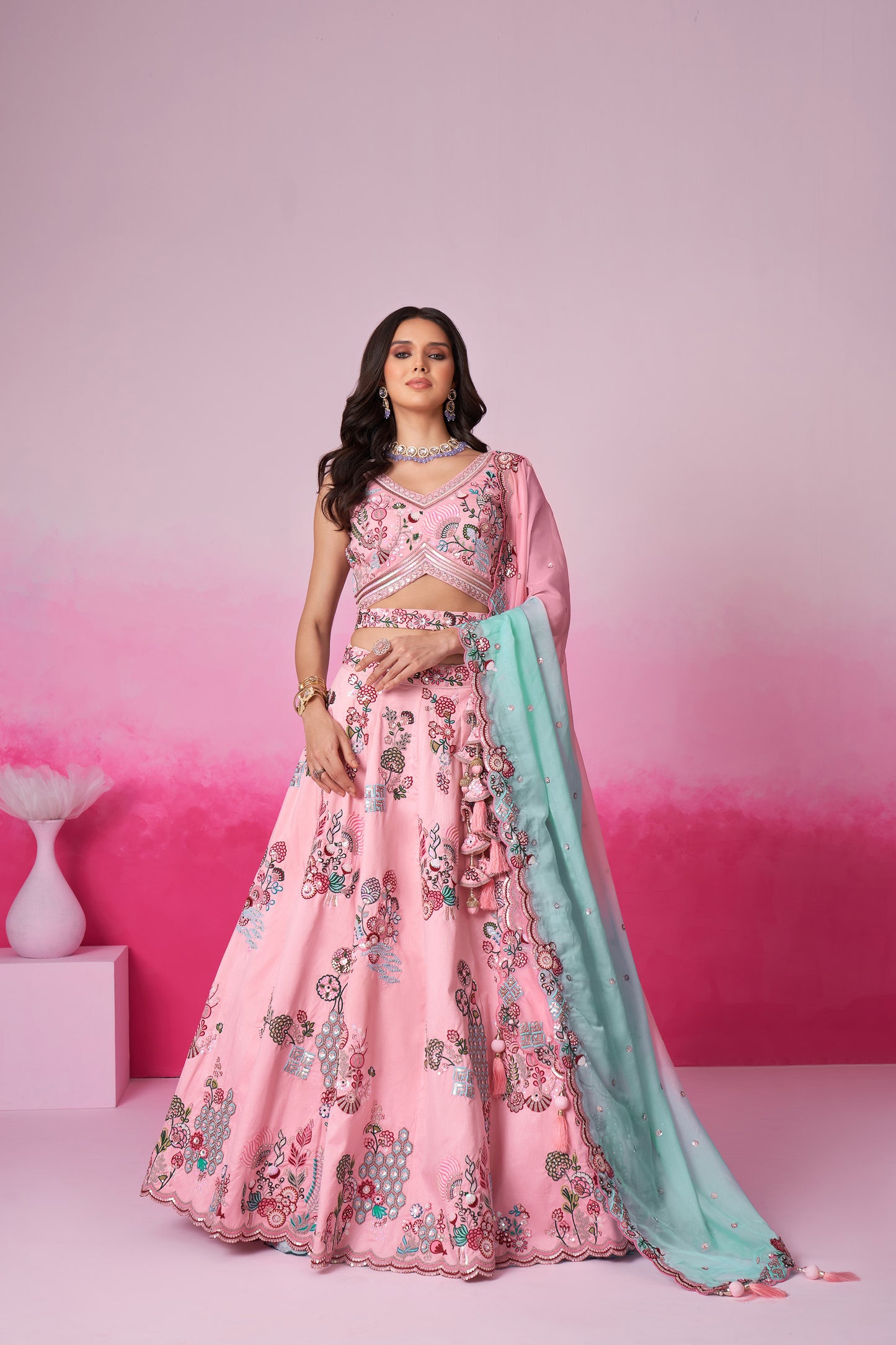 Pink Pure Silk Zarkan, Mirror & heavy Sequin embroidery Lehenga choli & Dupatta