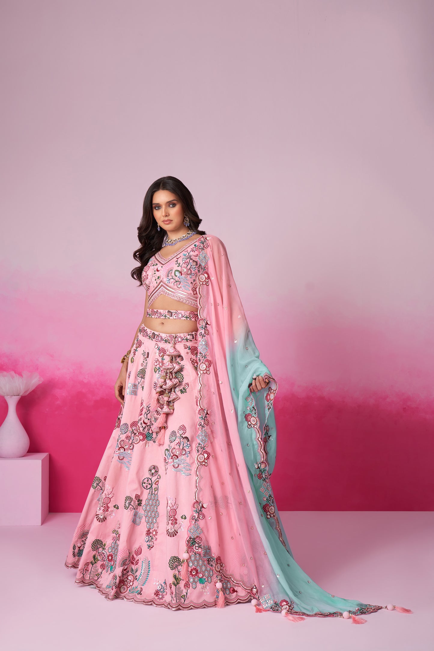 Pink Pure Silk Zarkan, Mirror & heavy Sequin embroidery Lehenga choli & Dupatta