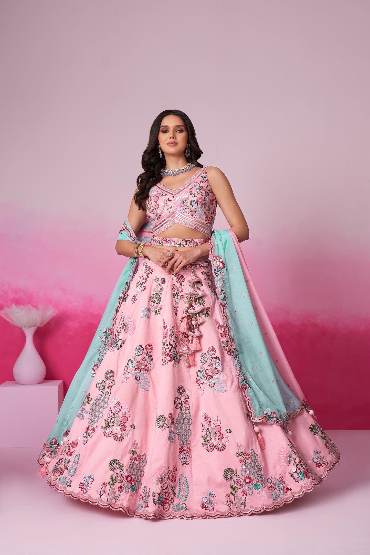 Pink Pure Silk Zarkan, Mirror & heavy Sequin embroidery Lehenga choli & Dupatta