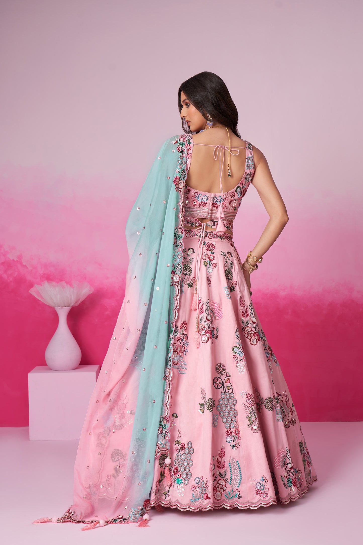 Pink Pure Silk Zarkan, Mirror & heavy Sequin embroidery Lehenga choli & Dupatta