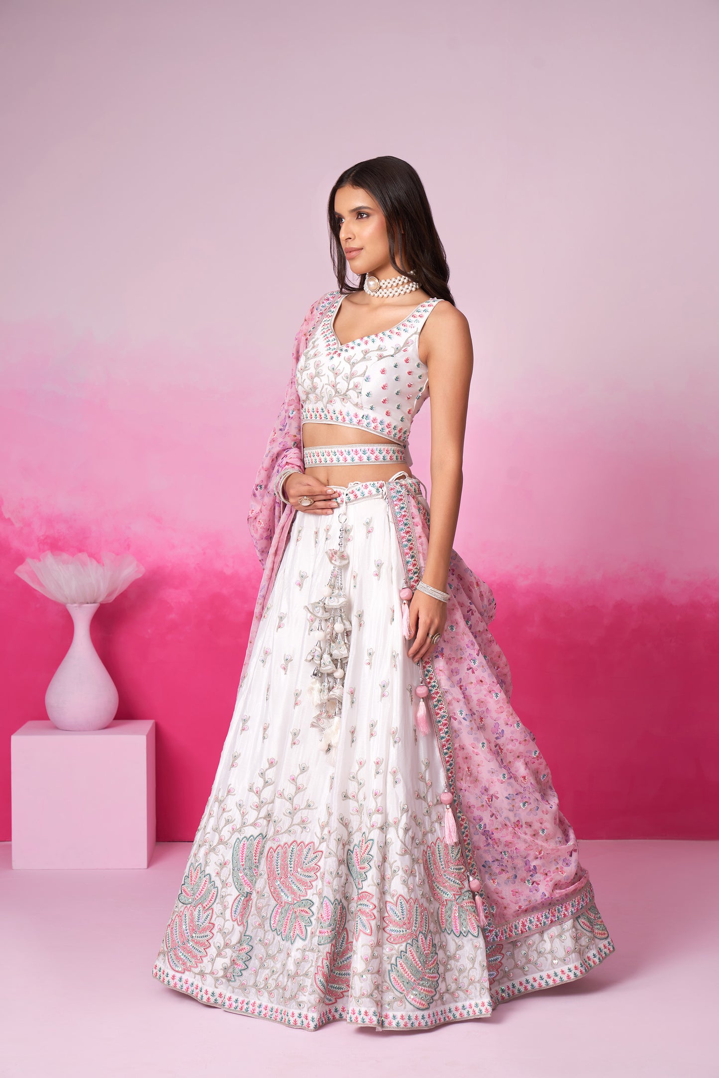 Cream Pure Chiffon Sequins and thread embroidery Bridesmaid Lehenga