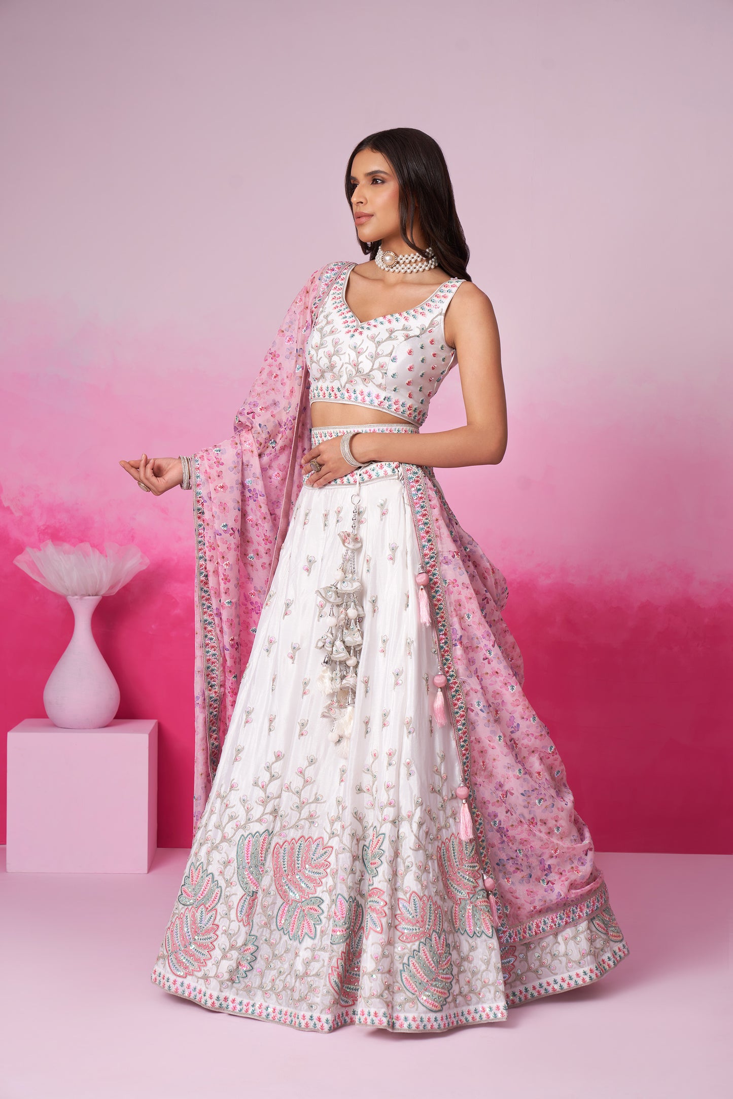 Cream Pure Chiffon Sequins and thread embroidery Bridesmaid Lehenga