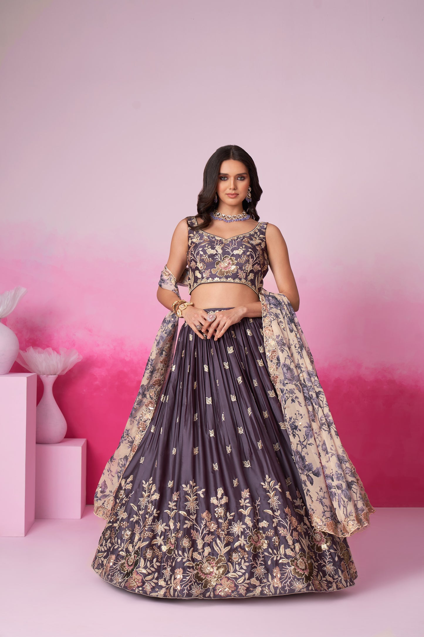 Purple Satin silk Sequins embroidery Bridesmaid Lehenga