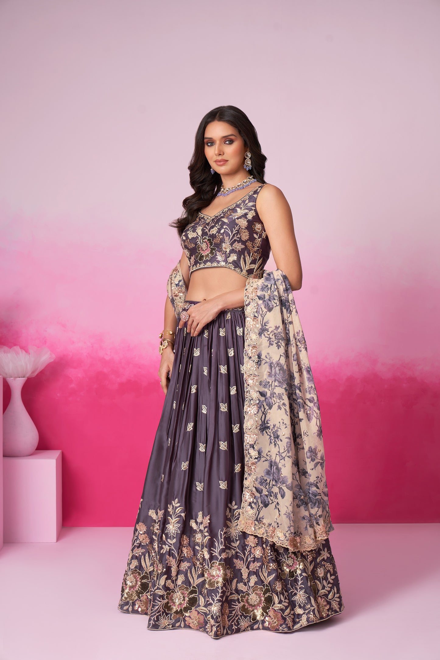 Purple Satin silk Sequins embroidery Bridesmaid Lehenga