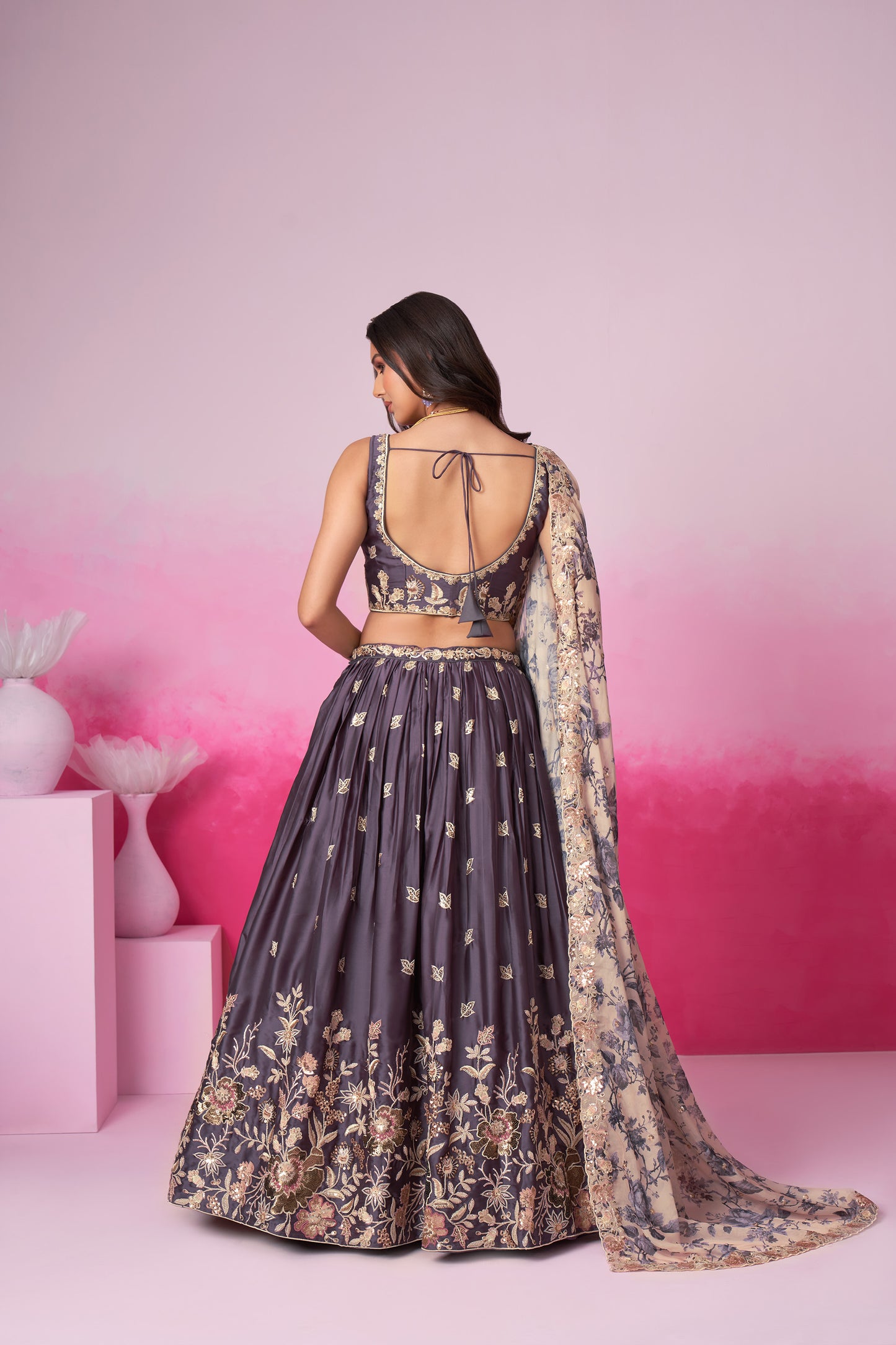 Purple Satin silk Sequins embroidery Bridesmaid Lehenga